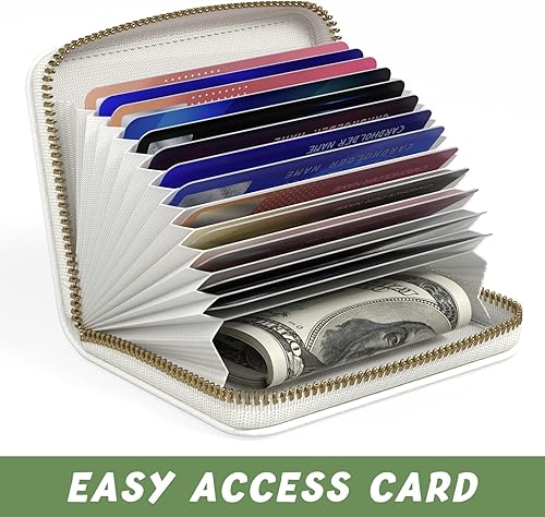 Vista 5 de Tarjetero de crédito para mujer, pequeña cartera RFID delgada de cuero organizador de tarjetas de visita con cremallera y llavero, color blanco