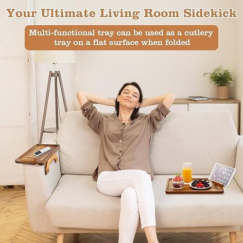 Miniatura 6 de Bandeja de brazo de sofá, mesa plegable con soporte giratorio de 360, bandeja de sofá de bambú para bebidas, aperitivos, frutas