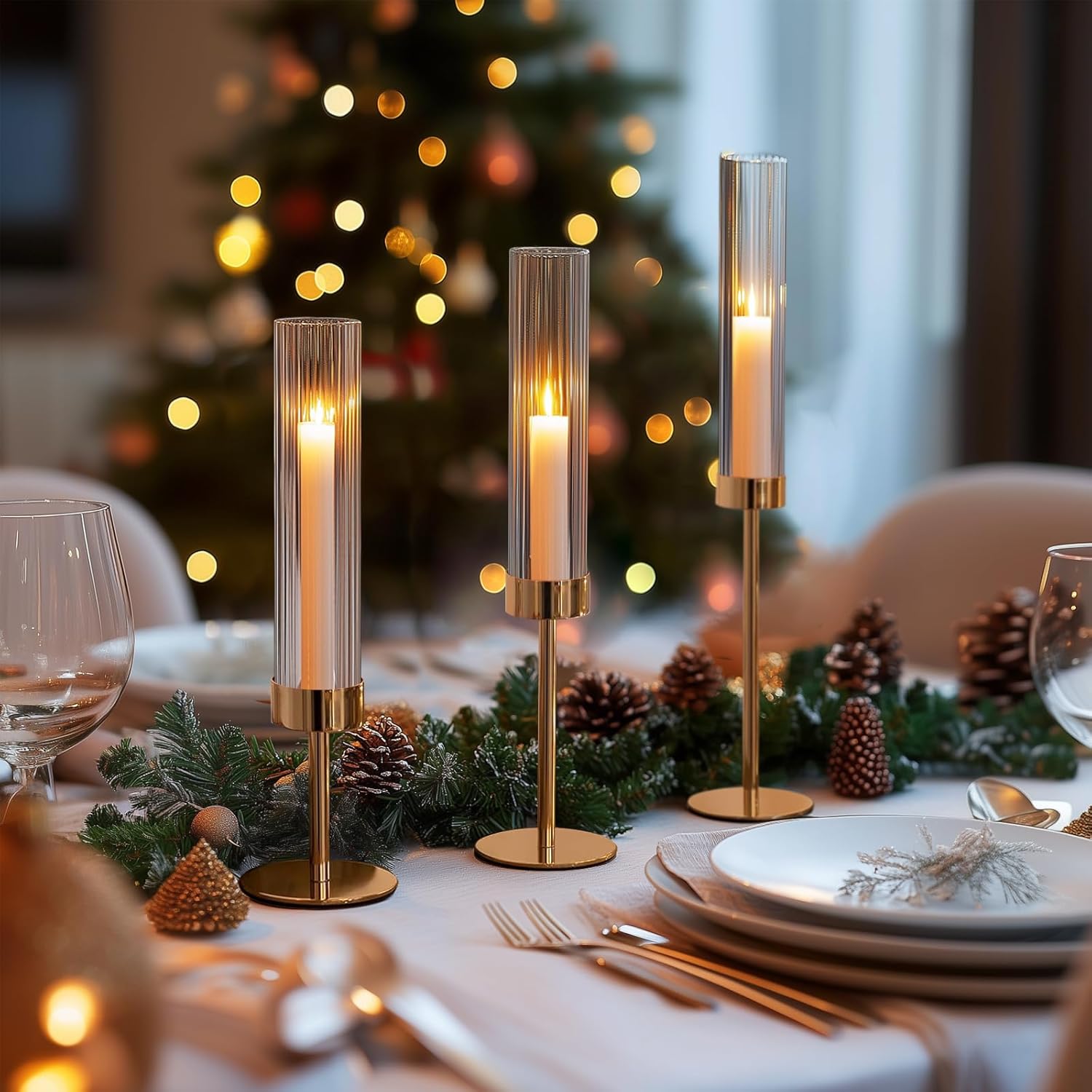 Gold Hurricane Candle Holders, Set of 3 Glass Taper Candlestick Holders Metal Candle Stands Bulk with Ribbed Glass Cover for Dining Tables Wedding Candelabra Centerpieces Decor - Image 3