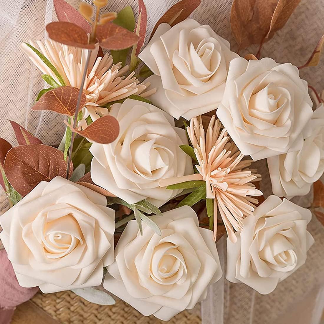 Artificial Flowers Champagne Roses W/Stem, Rustic Farmhouse Decor for Home Wedding Kitchen and Office Ideal Bridal Shower Party Home Decorations 25pcs - Image 4