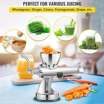 Manual Wheatgrass Juicer Stainless Steel Hand Crank with Suction Cup Base & Table-top Clamp Extractor for Ginger Celery Apple Grape Juice