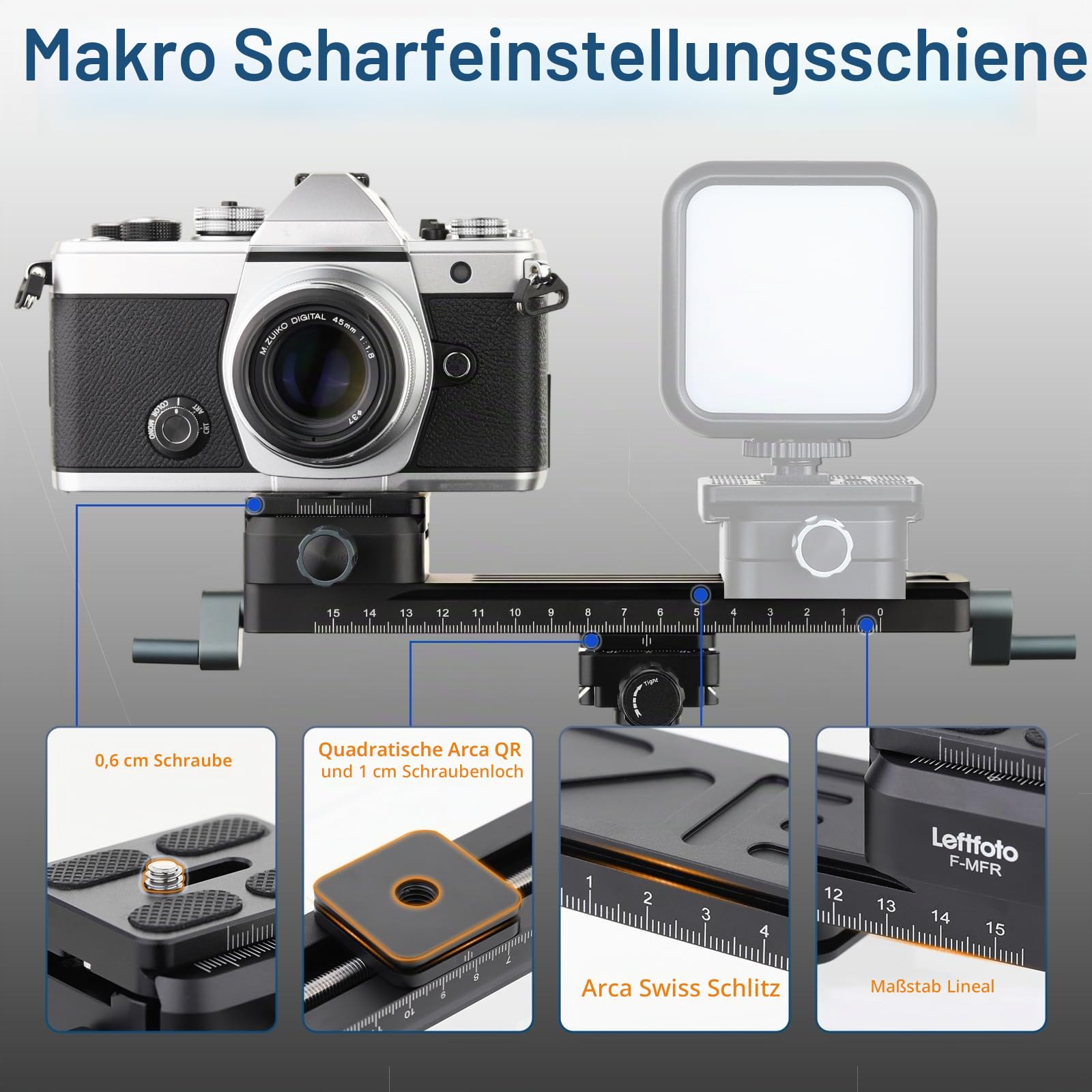 Leftfoto Präziser, stabiler Makro-Fokussierungsschienenschieber, bidirektionale Anpassung für Nahaufnahmen, Makrofotografie mit Arca-Swiss Schwalbenschwanz-Schnellwechselplatte