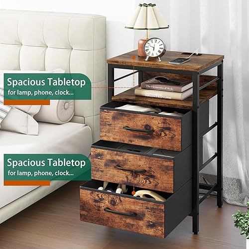 Miniatura 4 de IBUYKE Mesita de noche con estación de carga, mesita de noche con 3 cajones de tela, mesita de noche con puertos USB y tomas, mesa auxiliar para
