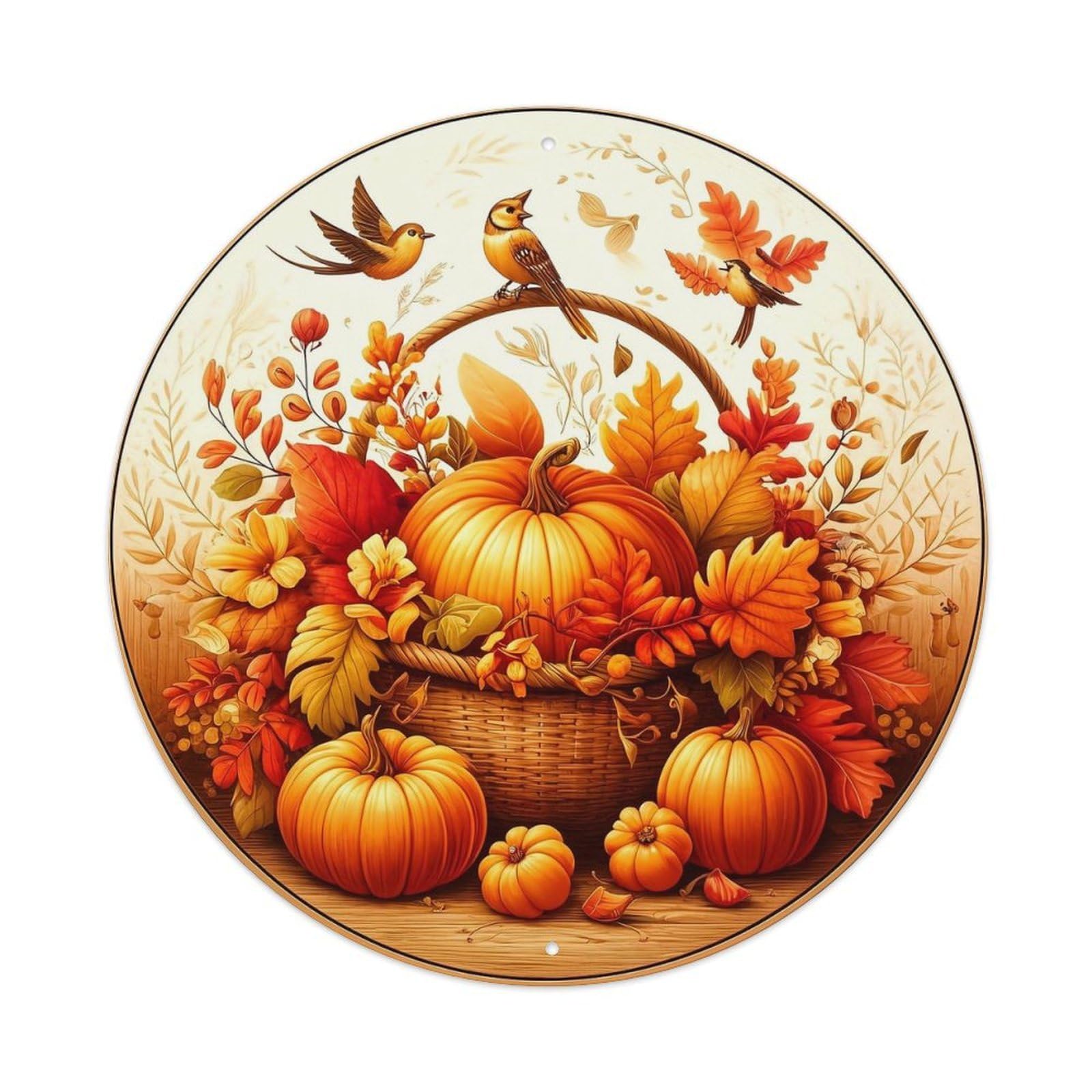 Autumn Harvest Basket Pumpkins Birds Metal Tin Sign Plaque