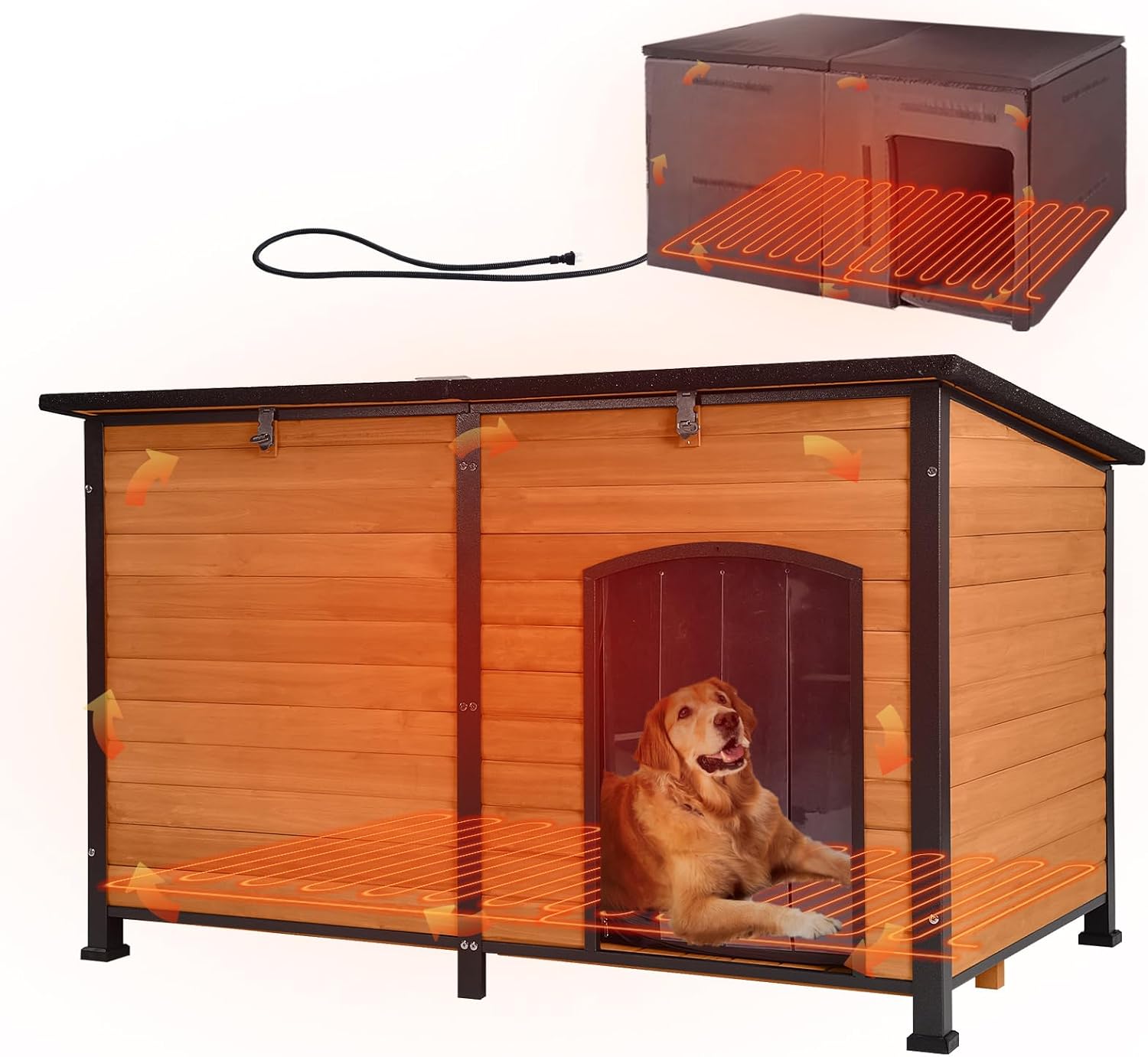 GUTINNEEN Extra Large Heated Dog House Insulated Dog Kennel Winter Shelter with Safe Thermostat-Controlled Heating Pad, Chew-Proof Metal Frame, 6-Sided Thermal Liner for Large Dog Breeds (Brown)
