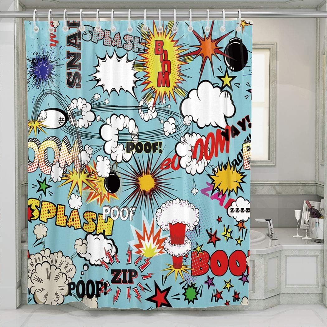 Shower Curtain Retro Comics Speech Bubbles Labels Clouds Logos and Comic Book Words Home Decoration Bathroom Accessories Bath Shower Curtains 66 X 72 Inch