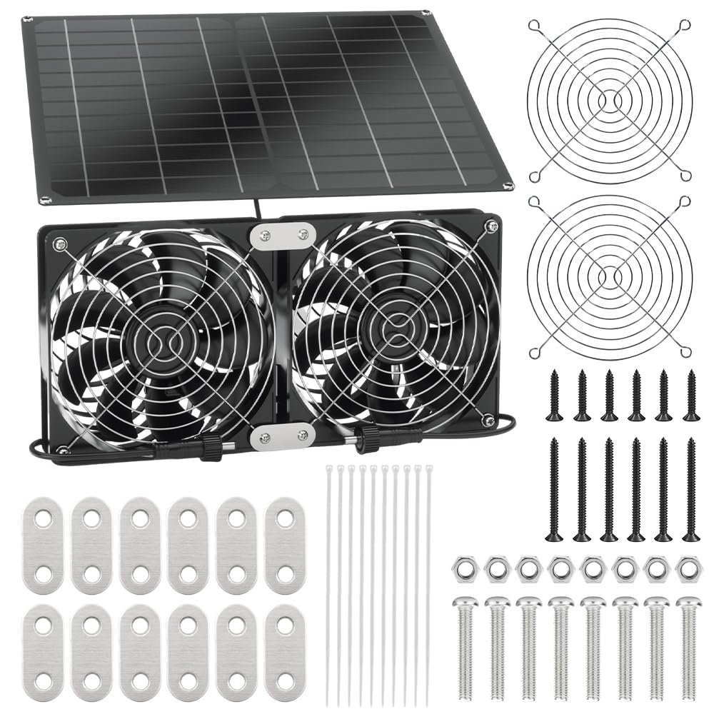 NAVESO Solar Ventilator, 15W Solarventilator, Solarpanel Ventilator mit 2 Wasserdichten Lüftern, Ventilator Solarbetrieben, Solar Lüfter für Hühnerstall, Gewächshäuser, Haustierhäuser Kleine, Schuppen