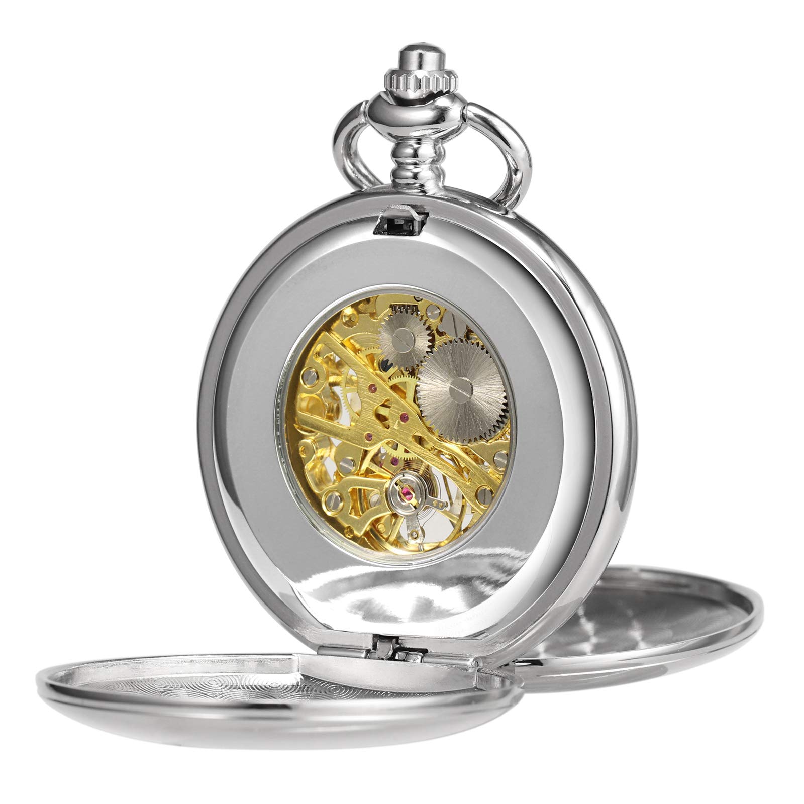 TREEWETO Orologio da taschino classico, liscio, doppia cassa, meccanico, steampunk, numeri romani, orologio da taschino, per uomo e donna, con catena + confezione regalo, Argento, Classico