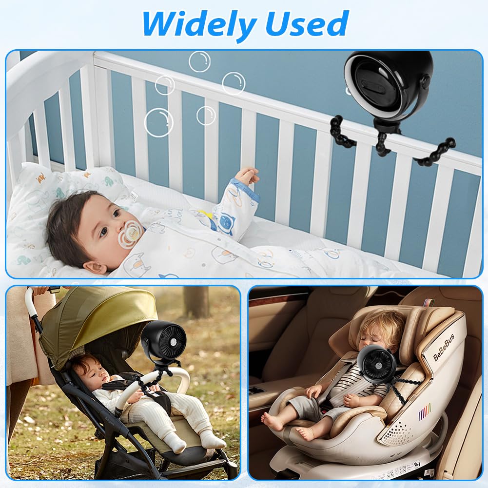 Vicloon Ventilatore Portatile per Passeggino, con Display Digitale e Clip di Fissaggio, Supporto Flessibile per Treppiede, Mini Ventilatore Portatile con Tre Luci e 100 Velocità (Con display， Nero)