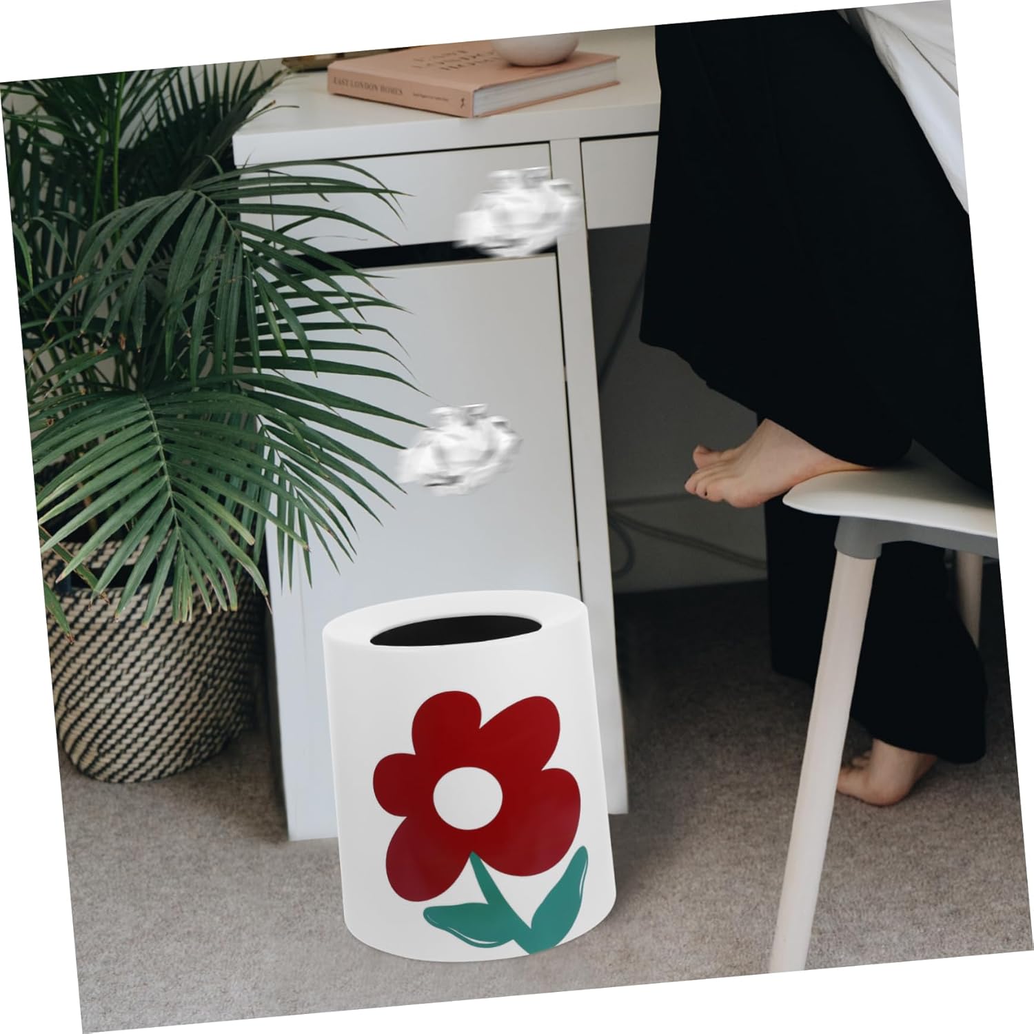 Cabilock Elegant Double-Layer Trash Can Decorative Waste Basket for Bathroom Bedroom and Office Stylish Flower Pattern Space-Saving Design