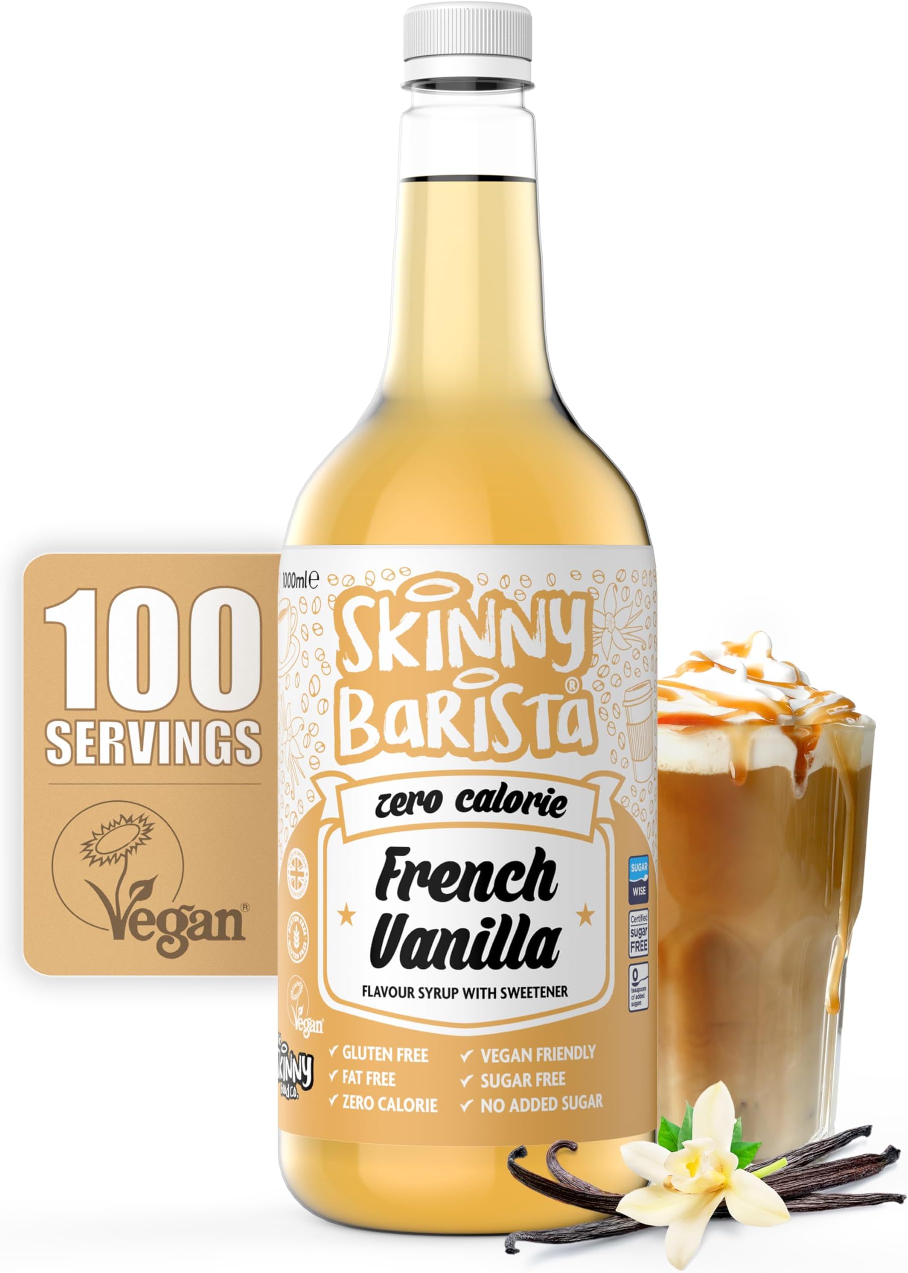 Skinny Food Co French Vanilla Coffee Syrup - Sugar Free 1L - Zero Calorie Coffee Syrup For Coffee, Tea, Hot Chocolate, Fruit, Protein Drinks - Vegan-Friendly, Gluten-Free & Fat-Free