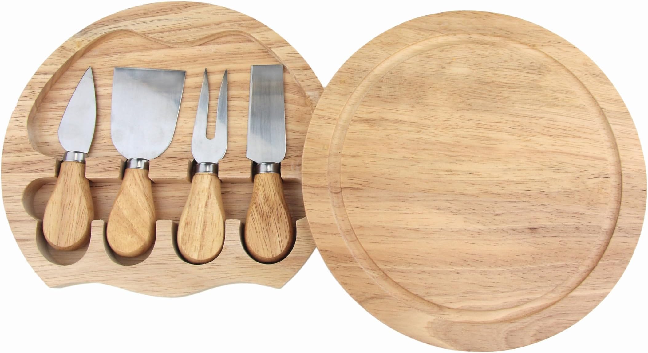apollo THE HOUSEWARES BRAND Cheese Board Set - inc Hidden Knife Tray - Wooden Handle Knives & Fork - Quality Hevea Wood - Size 21x3.5cm, Multicolour (1974)