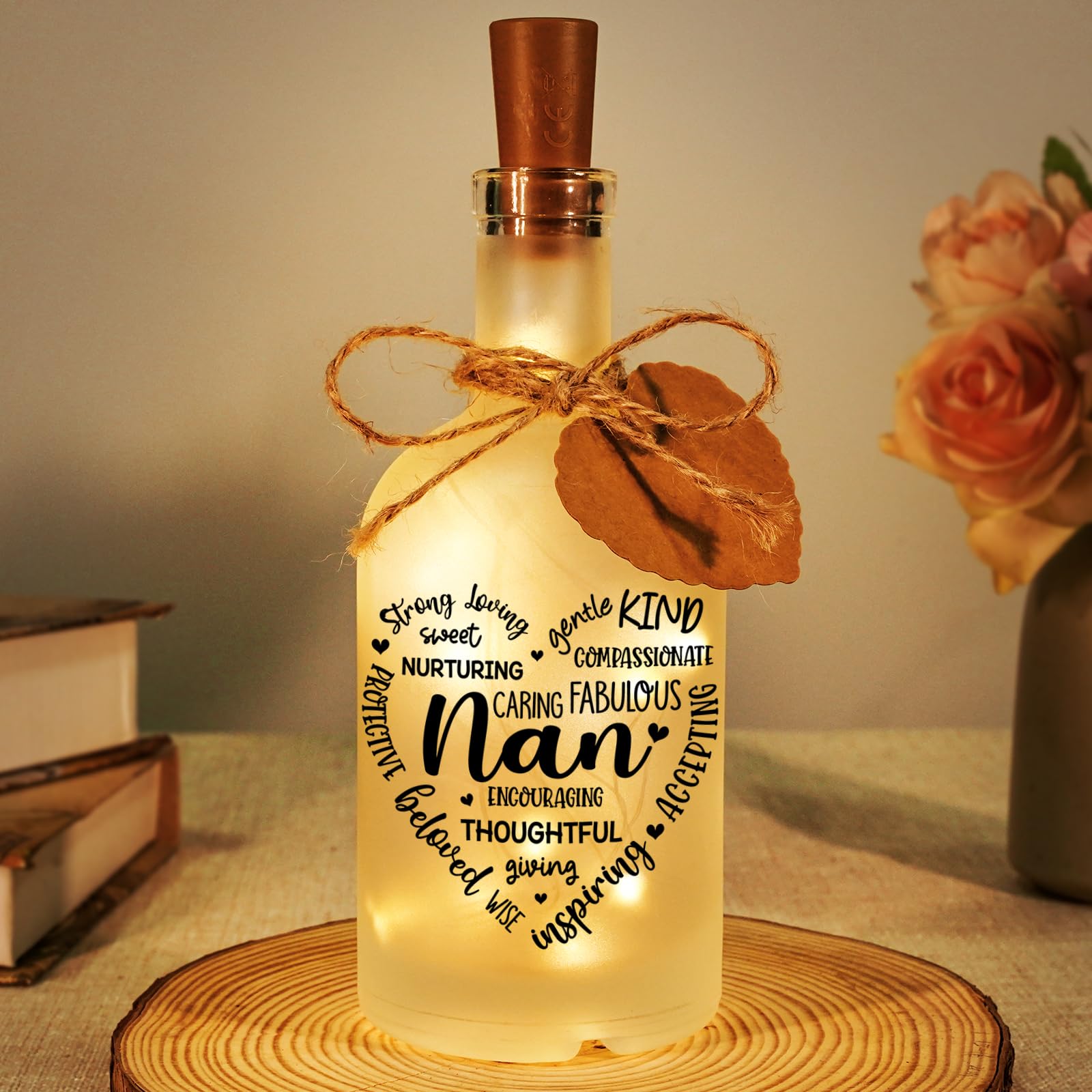 Sayregifty Birthday Gifts for Nan, Warm Glow Glass Bottle Lamp with Word Heart Design, Presents for Nan, Nan Birthday Gifts