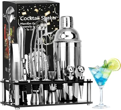 20 Piece Cocktail Making Kit, 750ml Stainless Steel Cocktail Shaker Set | Bartender Kit with Acrylic Stand, Cocktail Accessories, Cocktail Set with Strainer, Jigger, Mixing Spoon, Bottle Stoppers