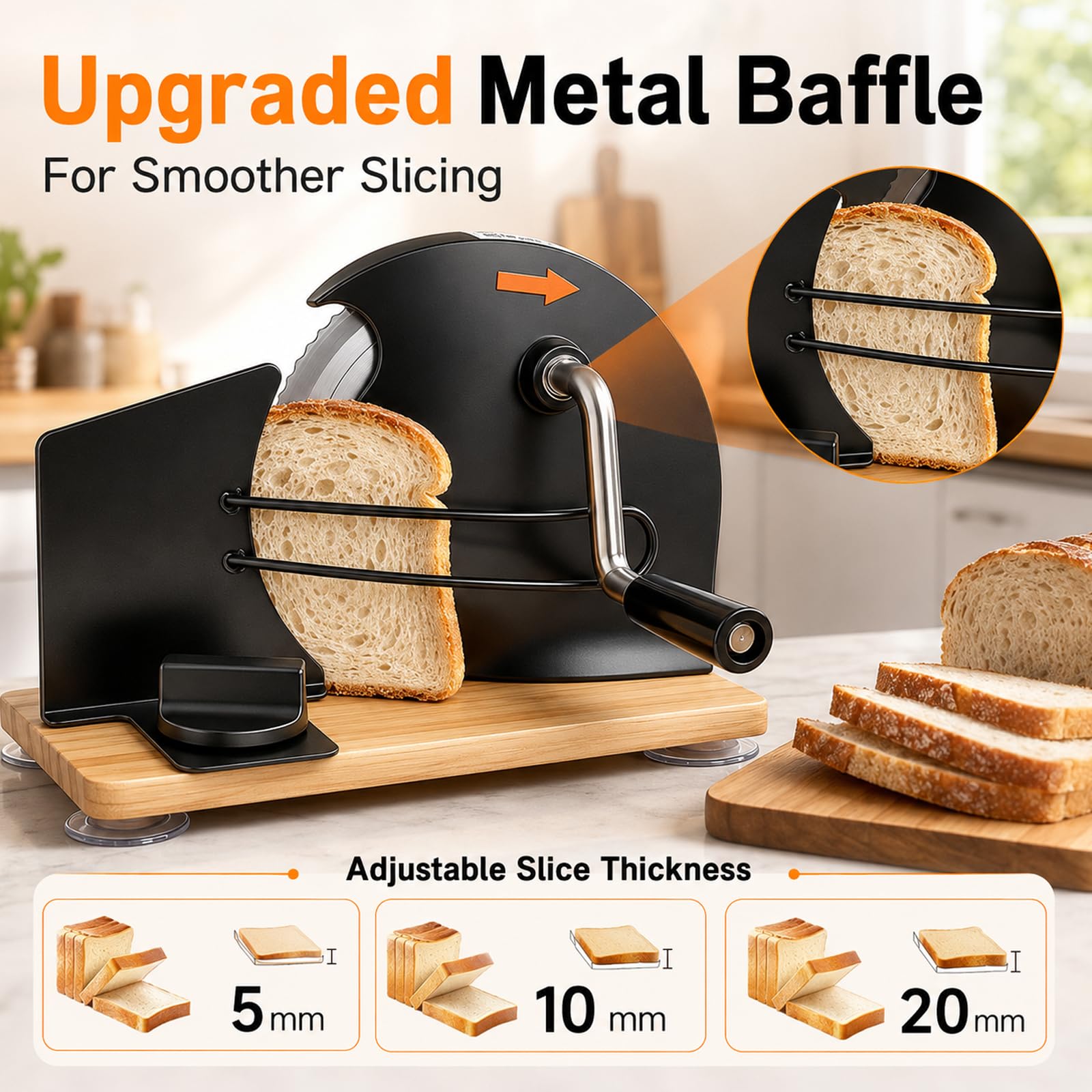 Cortadora Manual de Pan, Rebanadora con Manivela Ajustable 1–20 mm | Cuchilla Dentada, Base de Madera Plegable y Ventosas para Pan, Tostadas, Bollería, Queso y Salchichas(black)