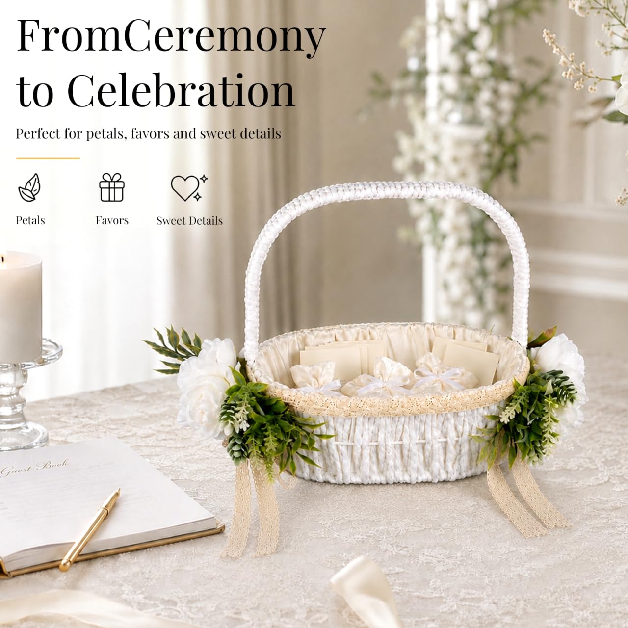 Operitacx Hochzeitskorb für Blumenmädchen, elfenbeinfarben mit handgewebtem Aufbewahrungskorb mit Griff, künstliche Rose, dekorativ für Zeremonie und Partyzubehör, romantisches