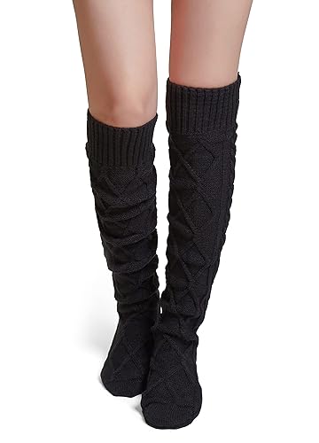 Pcavin Thigh High Socks for Women Cable Knit Over the Knee Boot Socks, Long Warm Leg Warmers Winter - Black