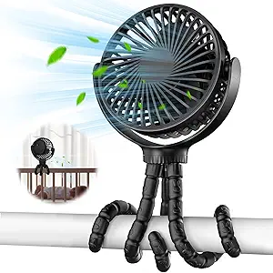Small Stroller Fan, Mini Handheld Portable Personal Fan,Clip on Fan with Flexible Tripod, USB Rechargeable Cooling Fan for Desk, Travel, Car Seat, Camping, Bedroom(Black)