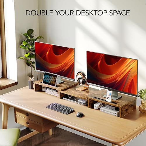 Miniatura 9 de AMERIERGO Soporte para monitor dual longitud y ángulo ajustables, soporte para monitor de computadora con 2 ranuras, organizador de escritorio,