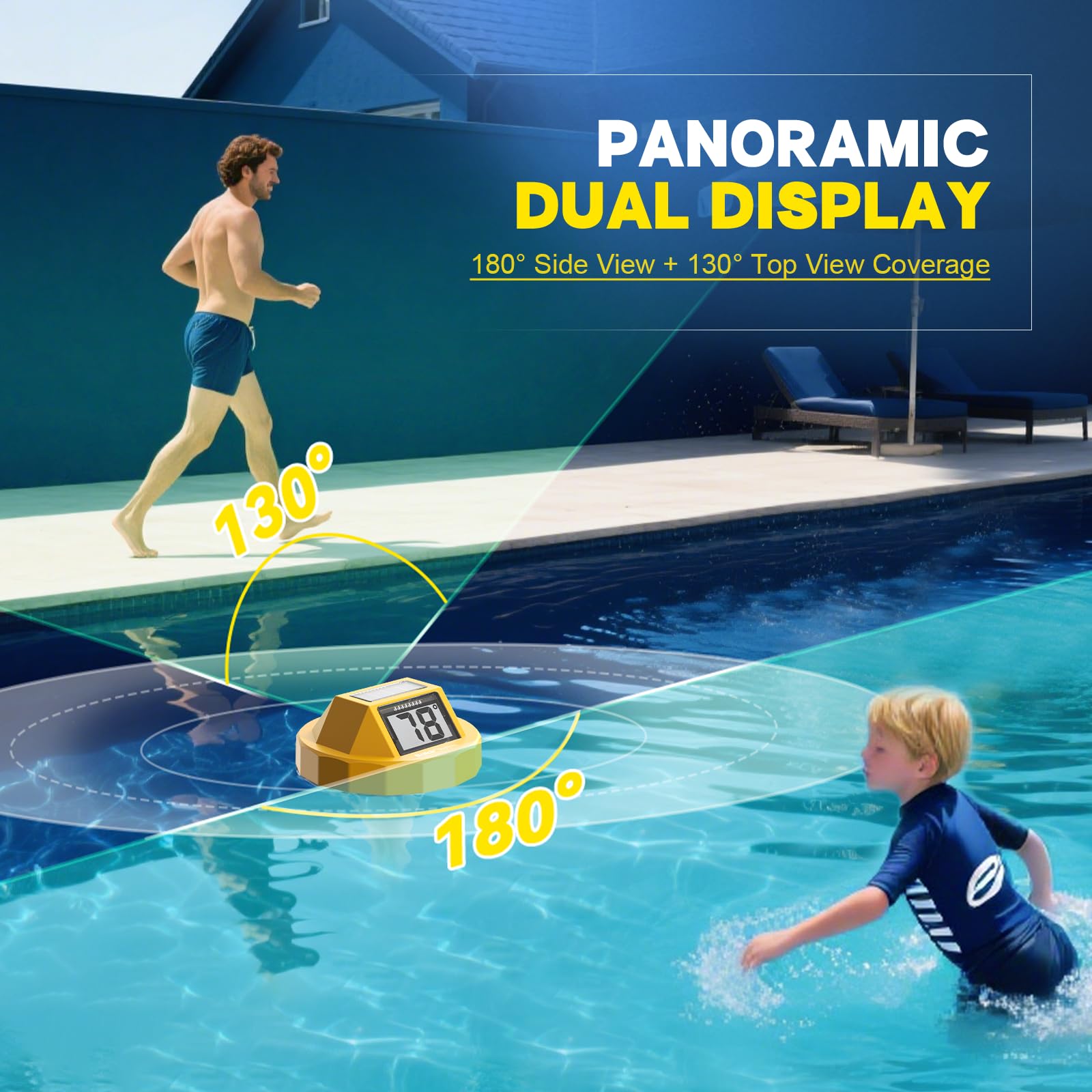 Termómetro de piscina solar digital flotante, pantalla grande de alta precisión sin empañamiento con pantalla de doble cara para piscina, acuario, spa, aguas termales, estanques (amarillo)