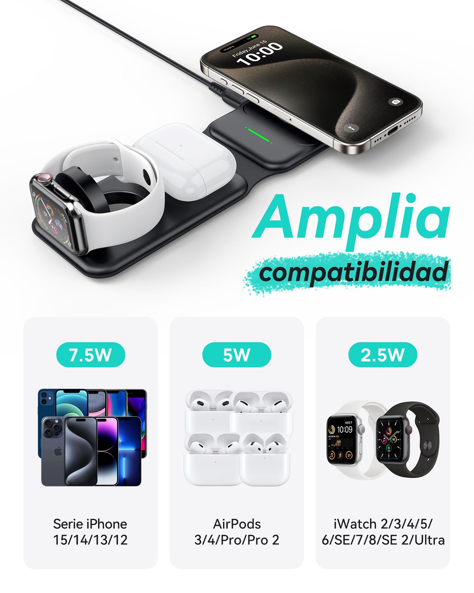 INIU 3 w 1 Bezprzewodowa Ładowarka, 15W Magnetyczna Składana Stacja Ladująca Wsparcie Telefonu dla Apple Series iPhone 15/14/13/12/Pro/Max/Mini, iWatch 7/6/5/4/3, AirPods 3/2/1/pro (z adapterem)