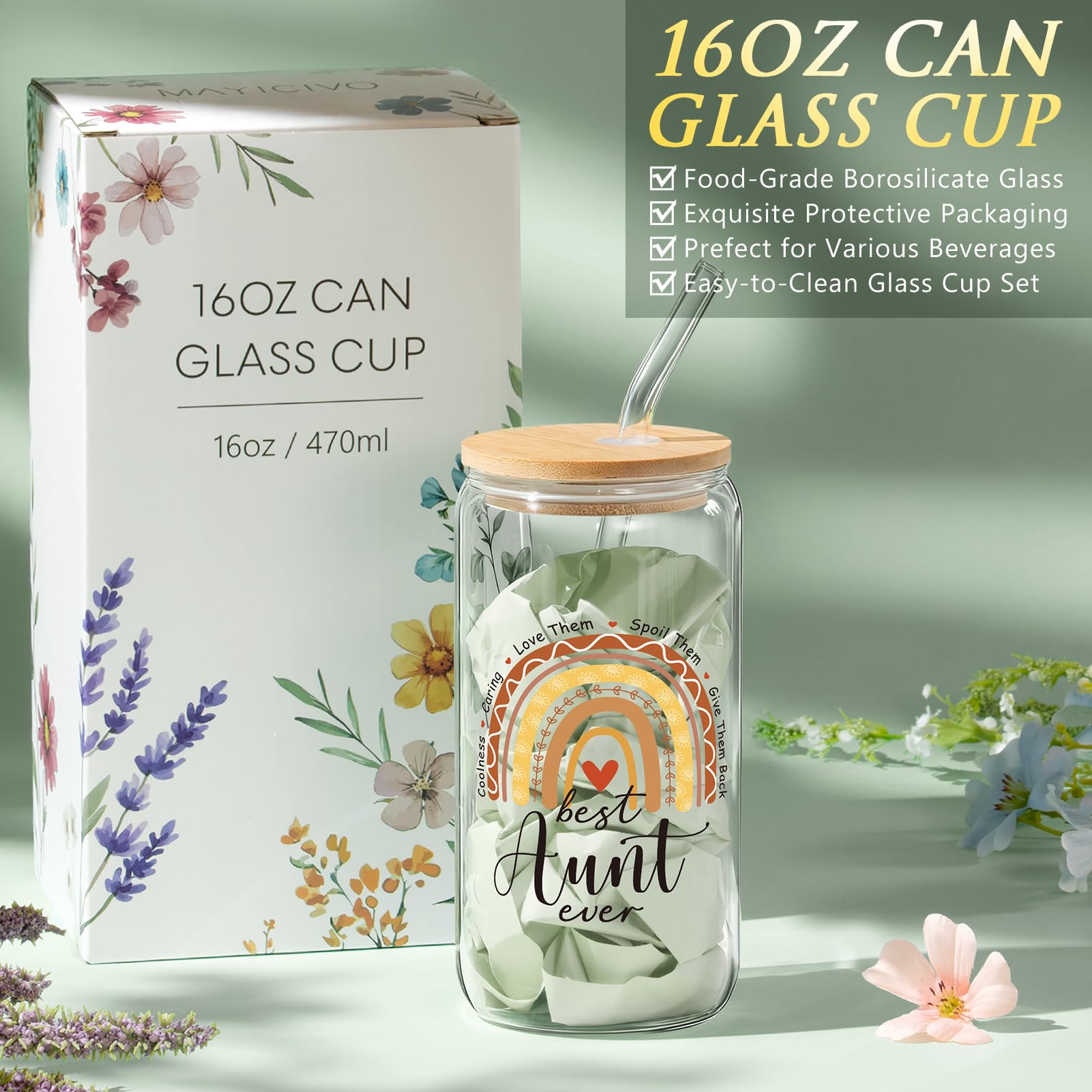 MAYICIVO Aunt Gifts from Niece Nephew, Mothers Day Aunt Birthday Gifts for Auntie, Best Auntie Christmas Birthday Gift Mothers Day Gift Baskets for Aunts Women with Canvas Tote Bag 16Oz Glass Cup