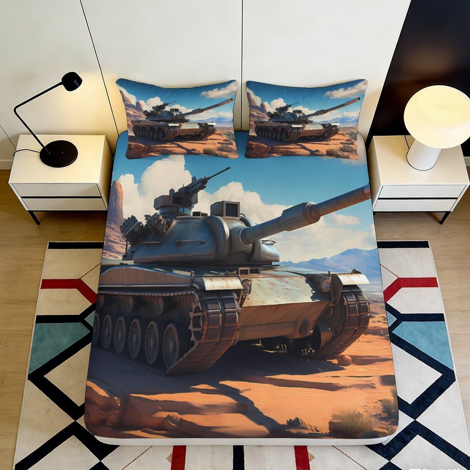 3D Printed Military Tank Fitted Sheet Microfiber Durable Soft 3D Printed Armored Bed Cover for Bedroom Dormitory Guest Room Mattress Protection 160x200x25cm