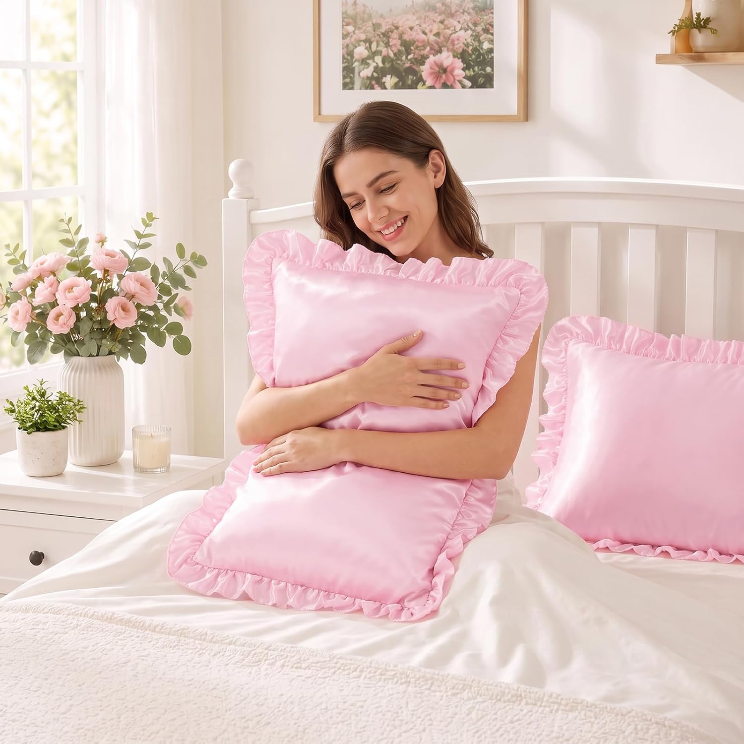 SiinvdaBZX Ruffled Standard Satin Pillowcase Set of 2, Blush Pink | 20 x 26 Inch Silky Satin Pillow Cases for Women Ruffle Pillow Shams Covers Princess Room Decoration, Envelope Closure