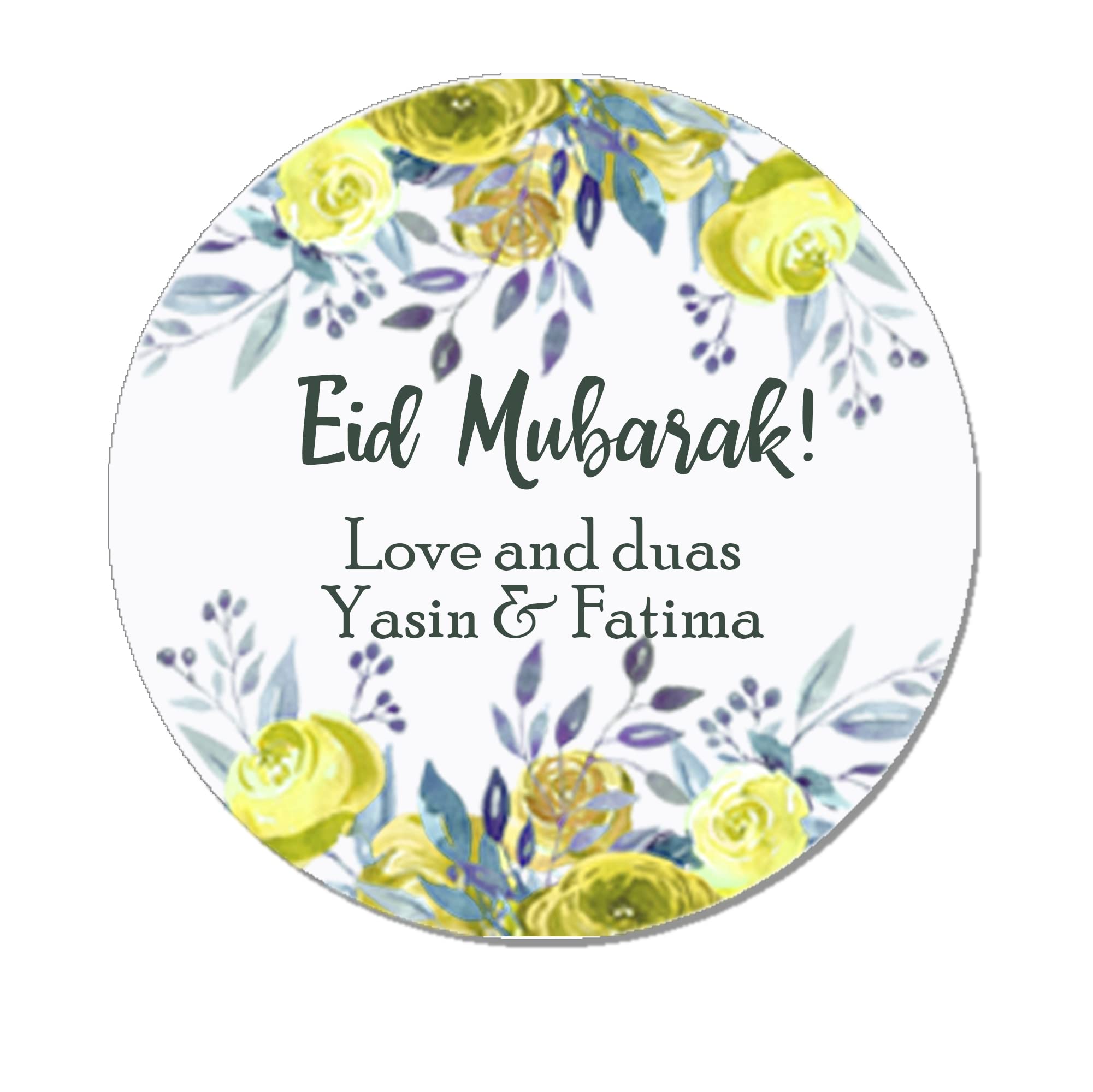 Treasured Forever Brown,Yellow Personalised Eid Mubarak & Ramadan Kareem Muslim Celebration Paisley X 35 Stickers (Yellow Floral)