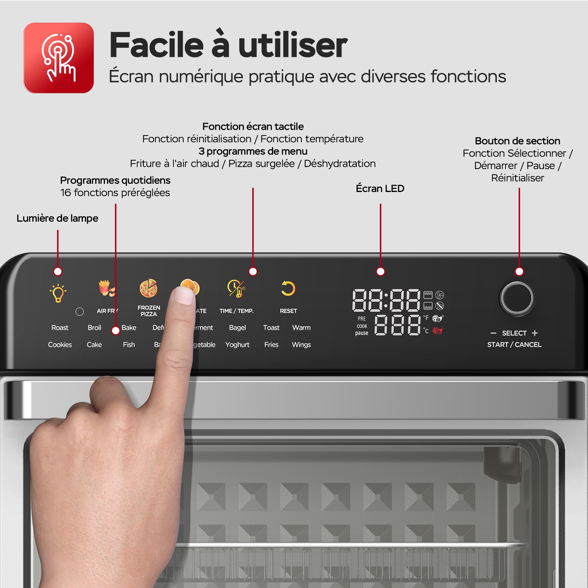 TurboTronic Four multi-intelligent, 19 en 1, four à air chaud, friteuse à air chaud, 2100 W, puissance 34 l, jusqu'à 0,5 kg de frites, mini four avec fonction déshydratation 40-230 °C, grill Airfryer