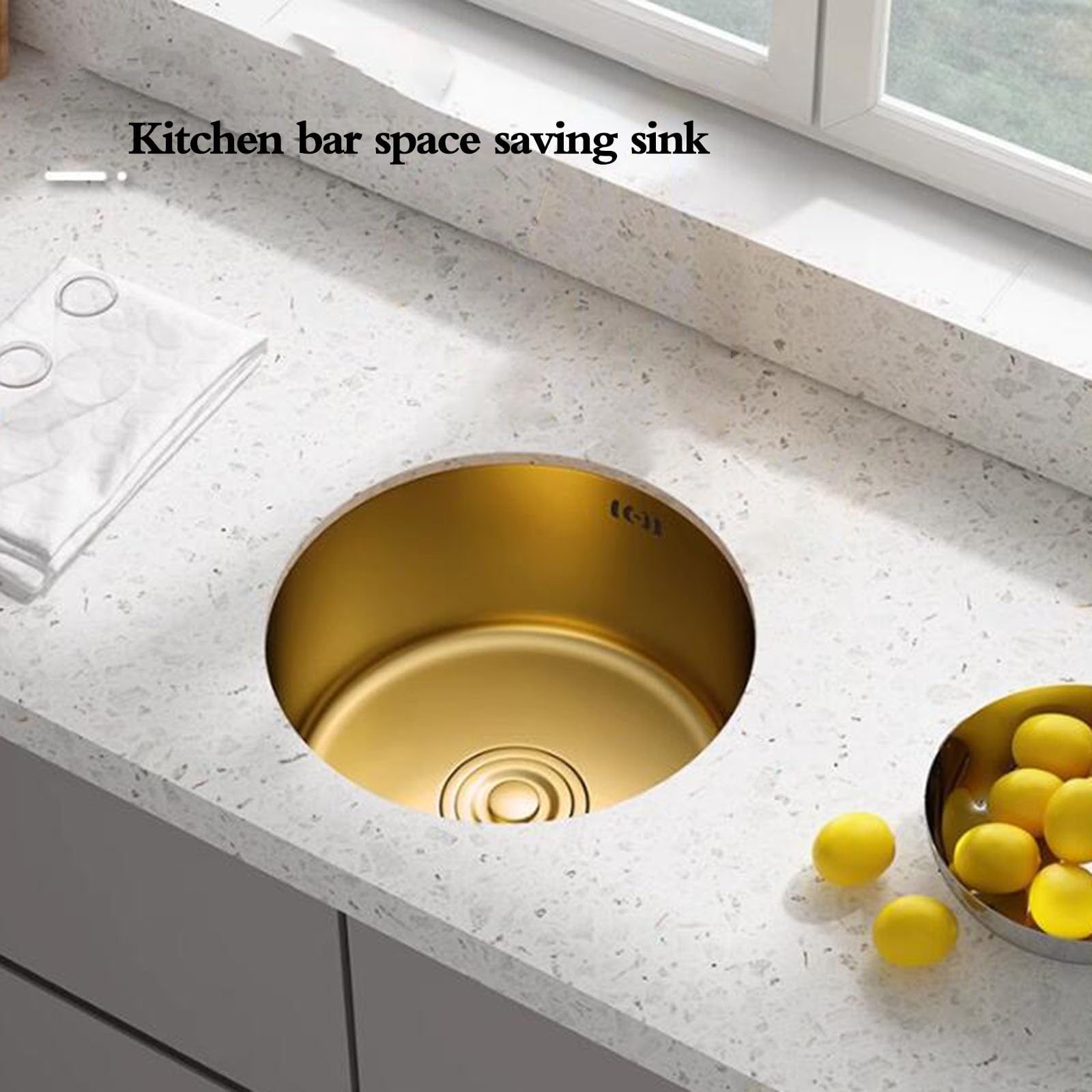 Mini lavello salvaspazio RV Sifone - Vasca singola rotonda in acciaio inox dorato per cucina e bancone bar, ideale per lavare le verdure, design compatto (dimensioni: 36)