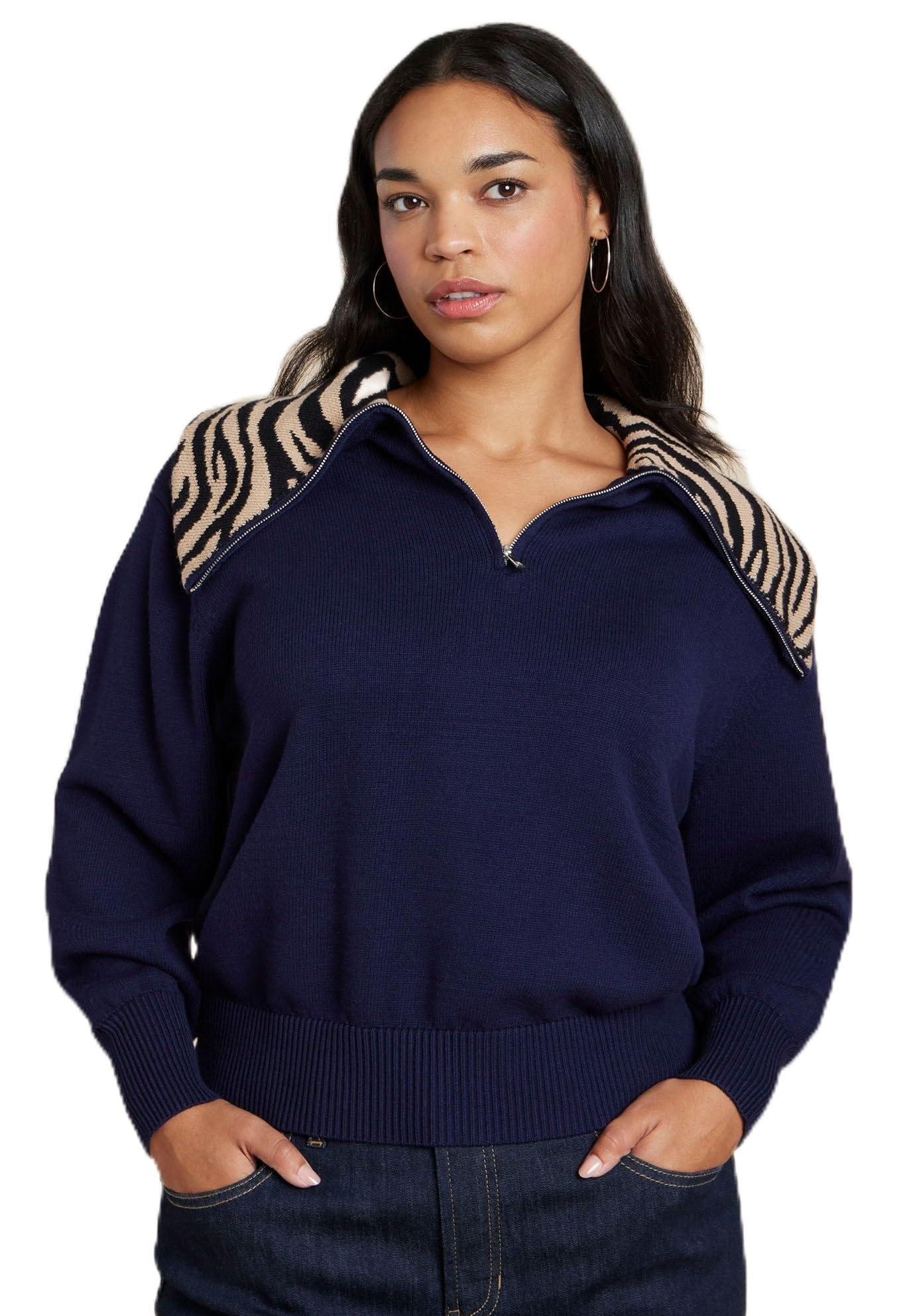ELOQUII Womens Plus Size Sweater with Animal Print Collar