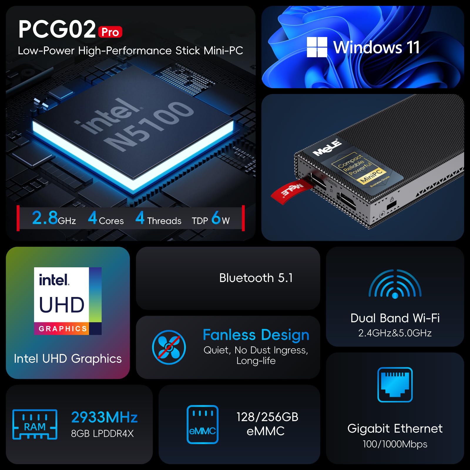 MeLE PCG02 Pro PC Stick Sin Ventilador, N5105 8GB 256GB,with Windows 11 Pro 4...