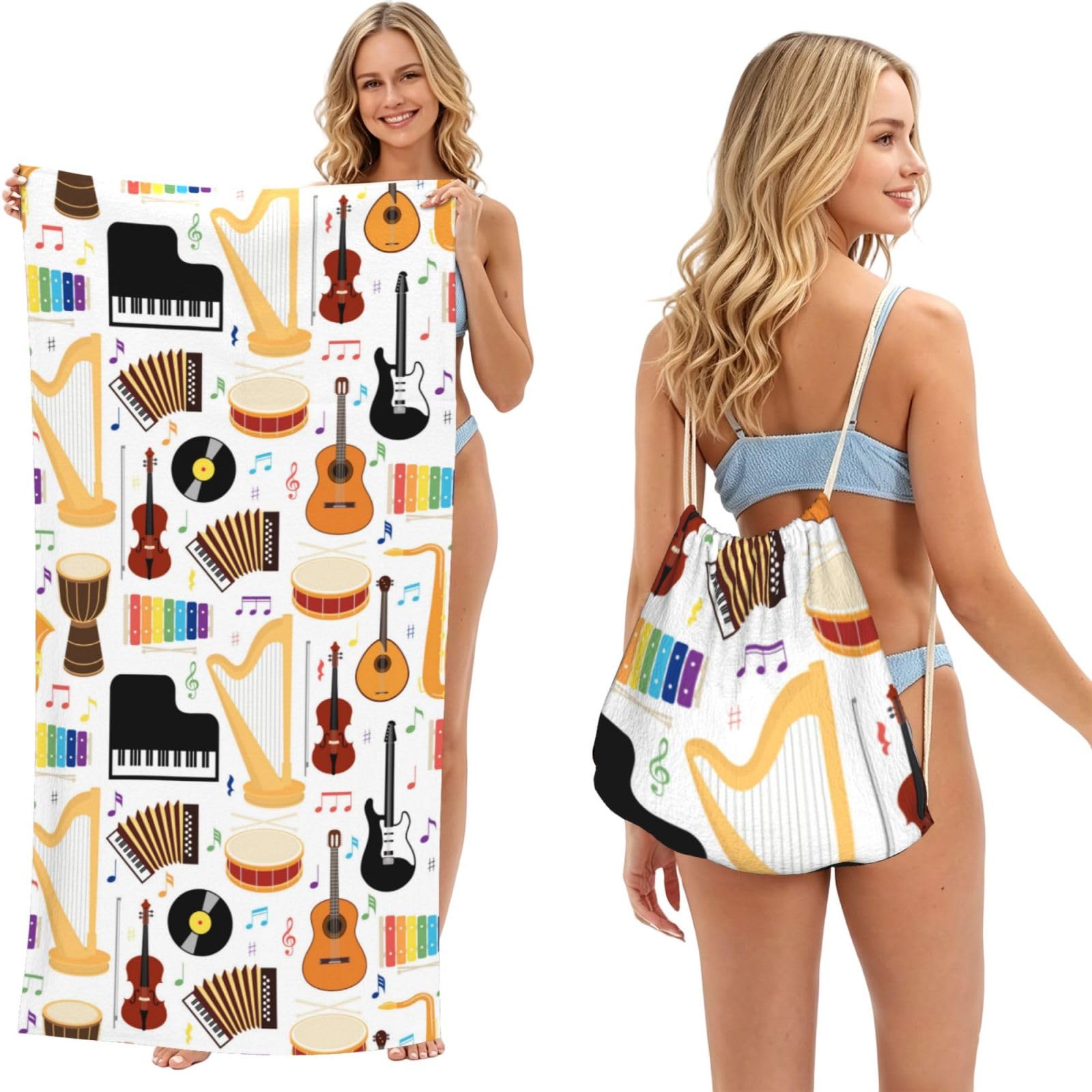 Poadnly As Picture Colorful Musical Instruments, 2 In 1 Packable Towel Bag, Beach Towels With Drawstring Backpack For Travel Holiday Camping