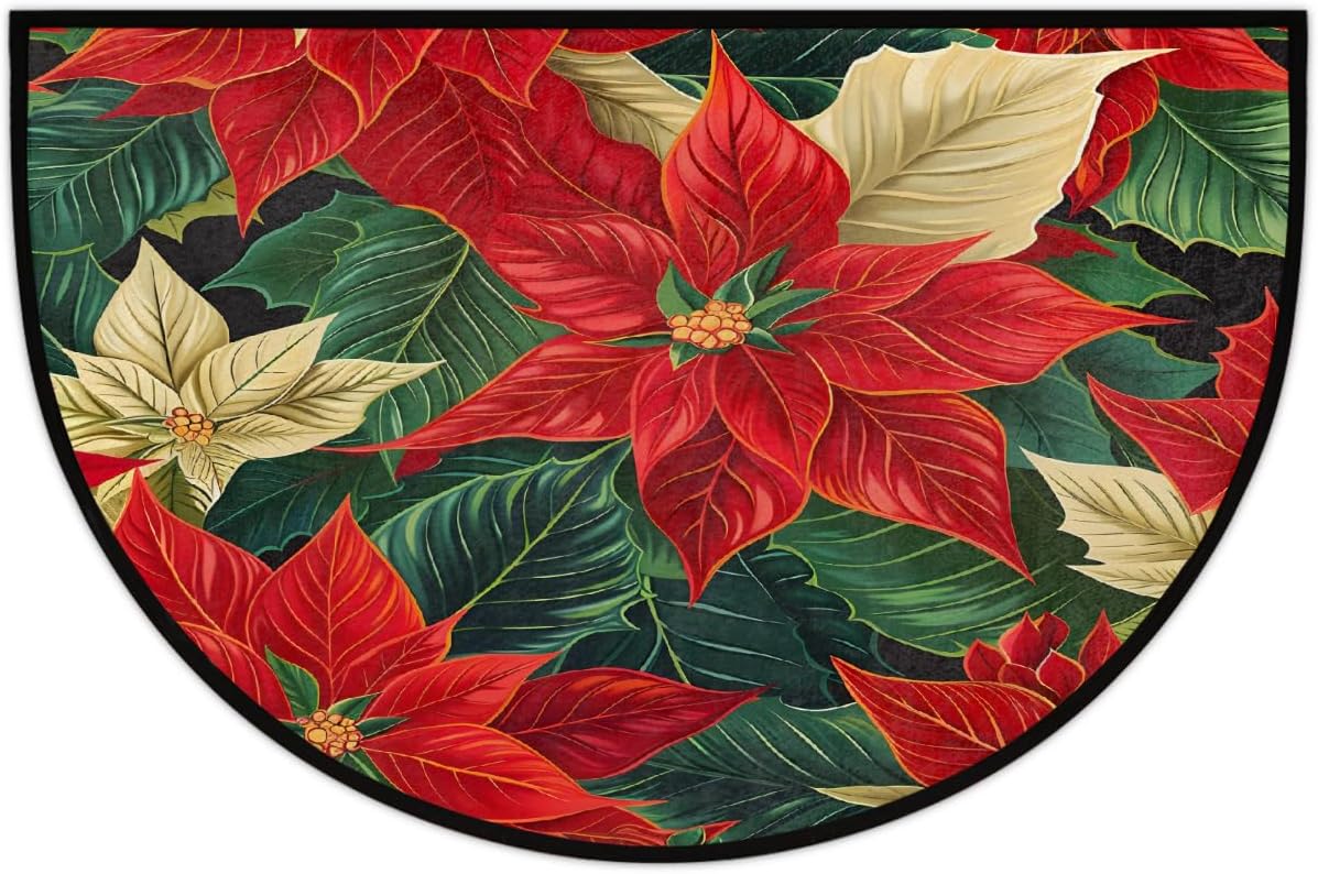 Half Round Door Mat Poinsettia Christmas Decorate Non Slip Absorbent Semi Circle Area Rugs Washable Half Moon Floor Mats for Indoor Patio Kitchen Bathroom Entryway Fireplace Home Carpet Decor
