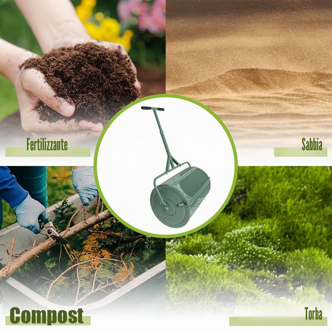 Rullo Spargitore 75L Acciaio Semi Concime per Prato/Giardino Verde Multiuso | Rete Metallica Antiruggine, Tamburo Uniforme per Semina, Separa Particelle, Manico Ergonomic, per Giardino, Pendii, Piani