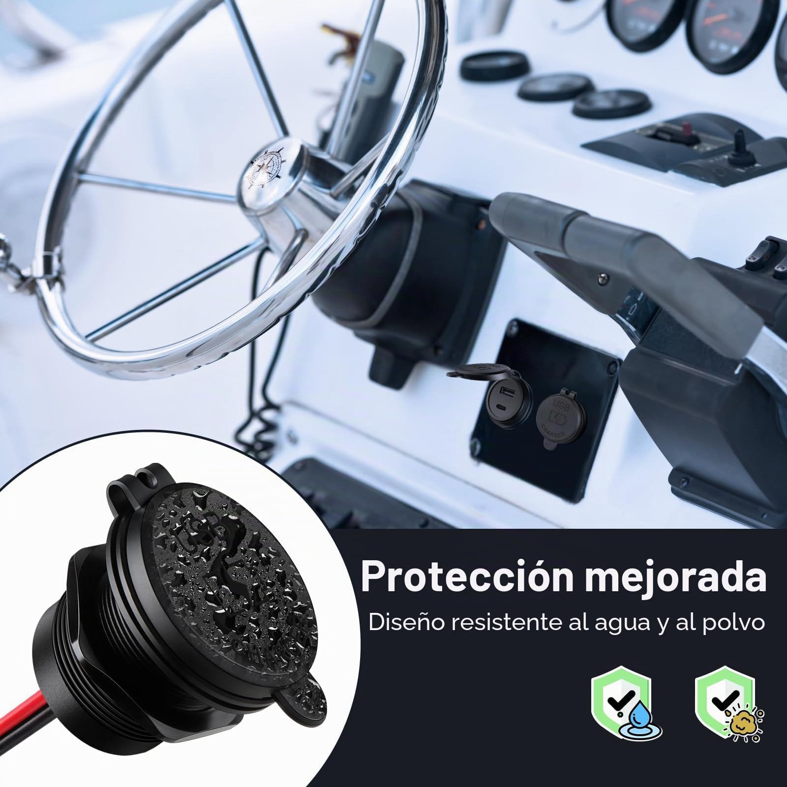 acegoo Toma USB 12V Cargador Multi Puerto Aluminio, PD3.0 USB-C y Quick Charge 3.0 para Coche Camper Enchufe de 12 Voltios Impermeable para Autocaravana Barco Motocicleta (2PCS)