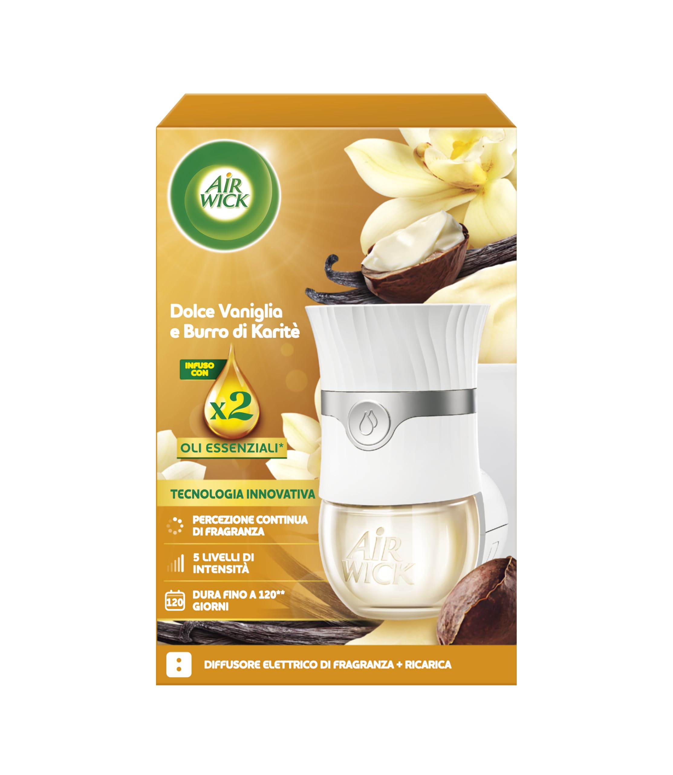 Air Wick Diffusore Elettrico di Oli Essenziali, 12 Diffusore completo gadget con 12 ricariche alla Fragranza Dolce Vaniglia e Burro di Karitè e Peonia Bianca e Gelsomino
