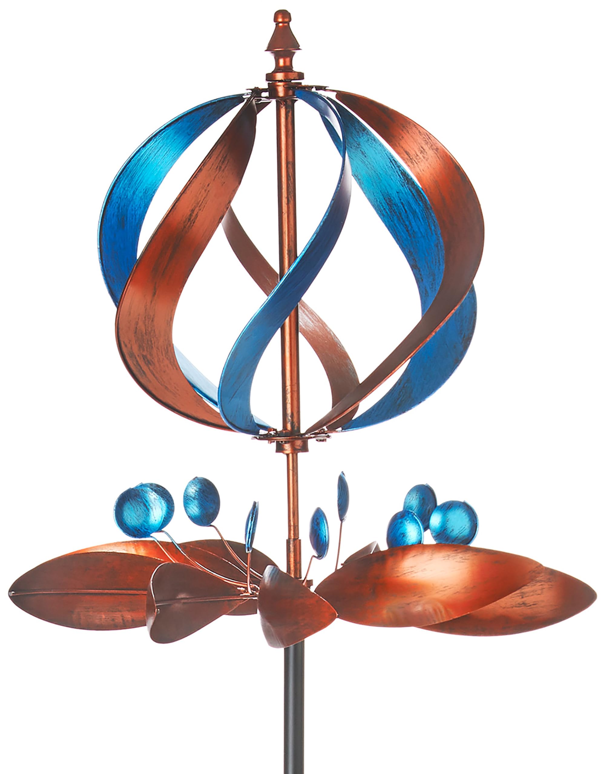 Kobolo Windrad Dekostecker Twirl | 60x60x212 cm | Metall | braun-blau | modernes Garten-Windspiel | XXL Metallwindrad für Gartendeko, Vorgarten & Outdoor-Dekoration | robuster Gartenstecker