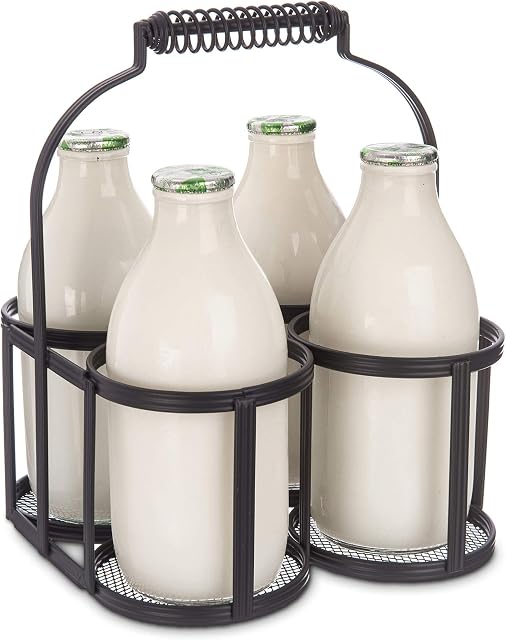 FiNeWaY Nostalgia 4 Milk Bottle Holder Metal Wire Tidy Crate Rack Carry Carrier Doorstep Store Drink Kitchen Storage Organiser Caddy with Integrated Handle