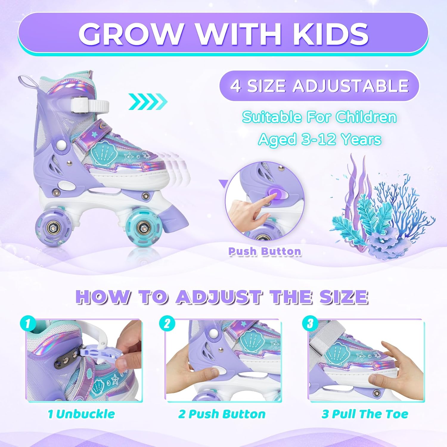 MammyGol Roller Skates for Girls Kids Boys, 4 Sizes Adjustable Quad Toddler Skates Indoor Outdoor Ages 3-8, Pink Blue Purple Green