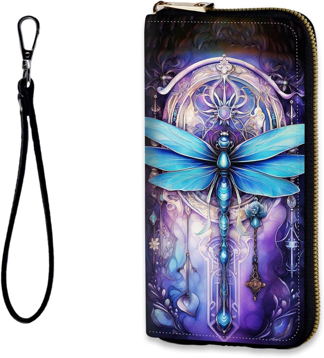 Womens Wallet, RFID Wristlet Wallet for Women, Cute Ladies Purse, Large Credit Card Clutch Purse, Leather Card Holder Wallets with Zipper & Phone Holder,Dragonfly Dream Catcher