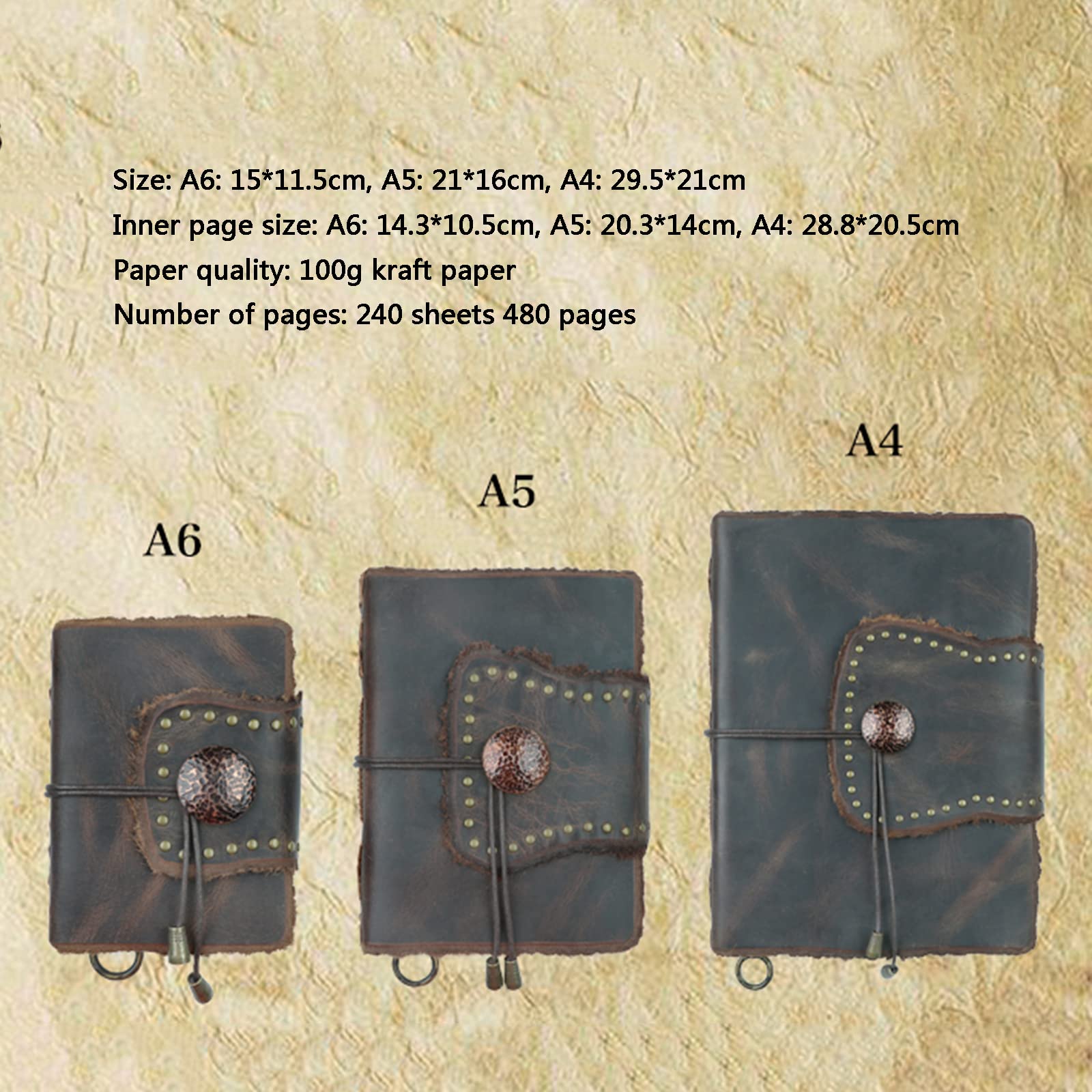 Notatnik skórzany w stylu vintage - 240 arkuszy / 483 strony, wykonany ręcznie z miedzianą klamrą, kieszonkowy klejnot dla mężczyzn i kobiet, idealny prezent A4