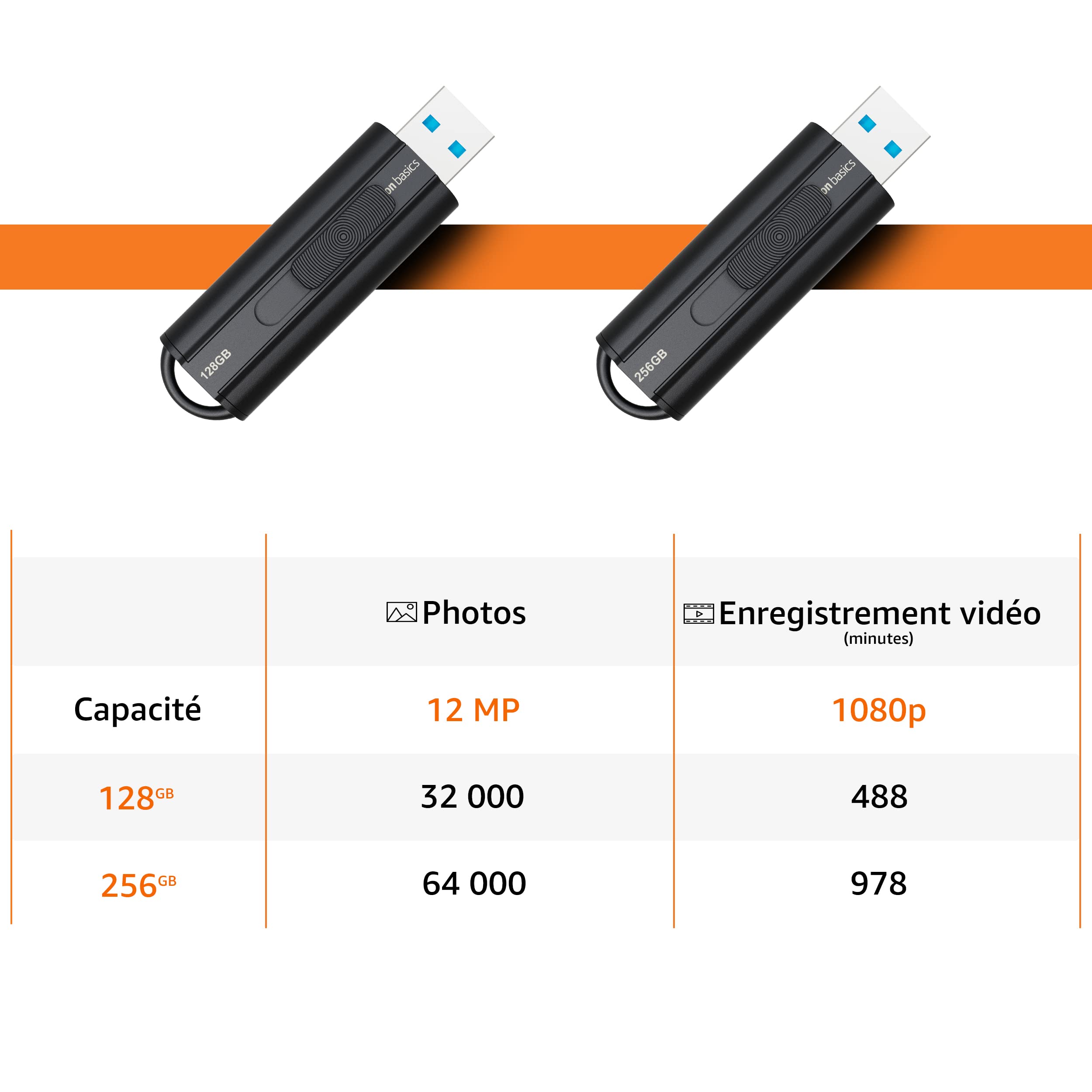 Amazon Basics 128 Go Clé USB 3.1 Noir, vitesse de lecture 130 Mo/s
