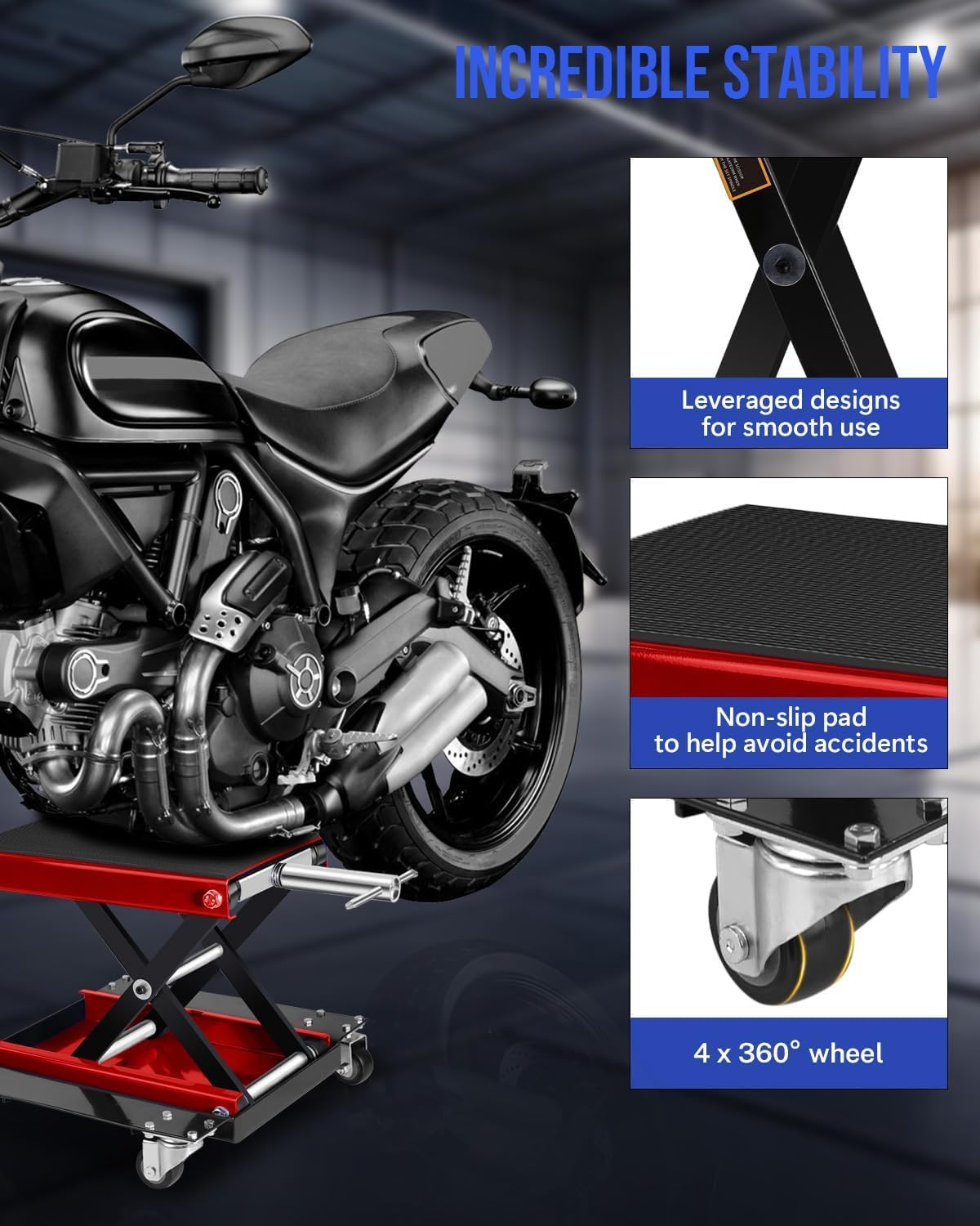 Leve moto de acero, elevación hidráulica, capacidad de 1100 libras, mesa elevadora móvil con ruedas para taller de garaje