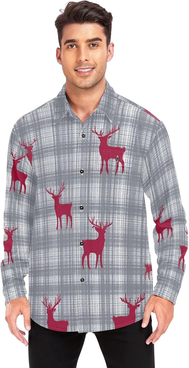 Gray Gingham Reindeer Red Woolen Cord Fabric Mens Rugby Shirts Long Sleeve for Women Medium with Pockets
