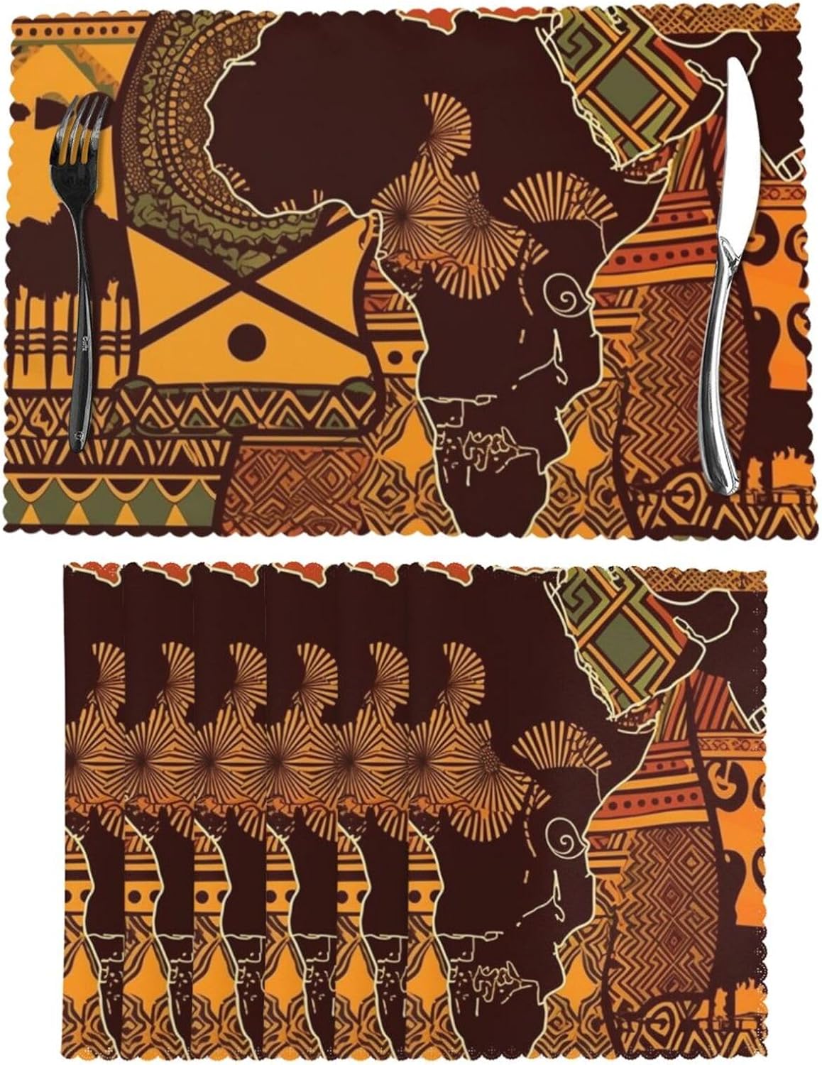 Placemats Set of 6 Washable Placemats for Dining Table 12x18 Inch Heat Resistant Place Mats African Map Ethnic Pattern Non-Slip Table Mats for Kitchen Weddings Party Decor Indoor/Outdoor