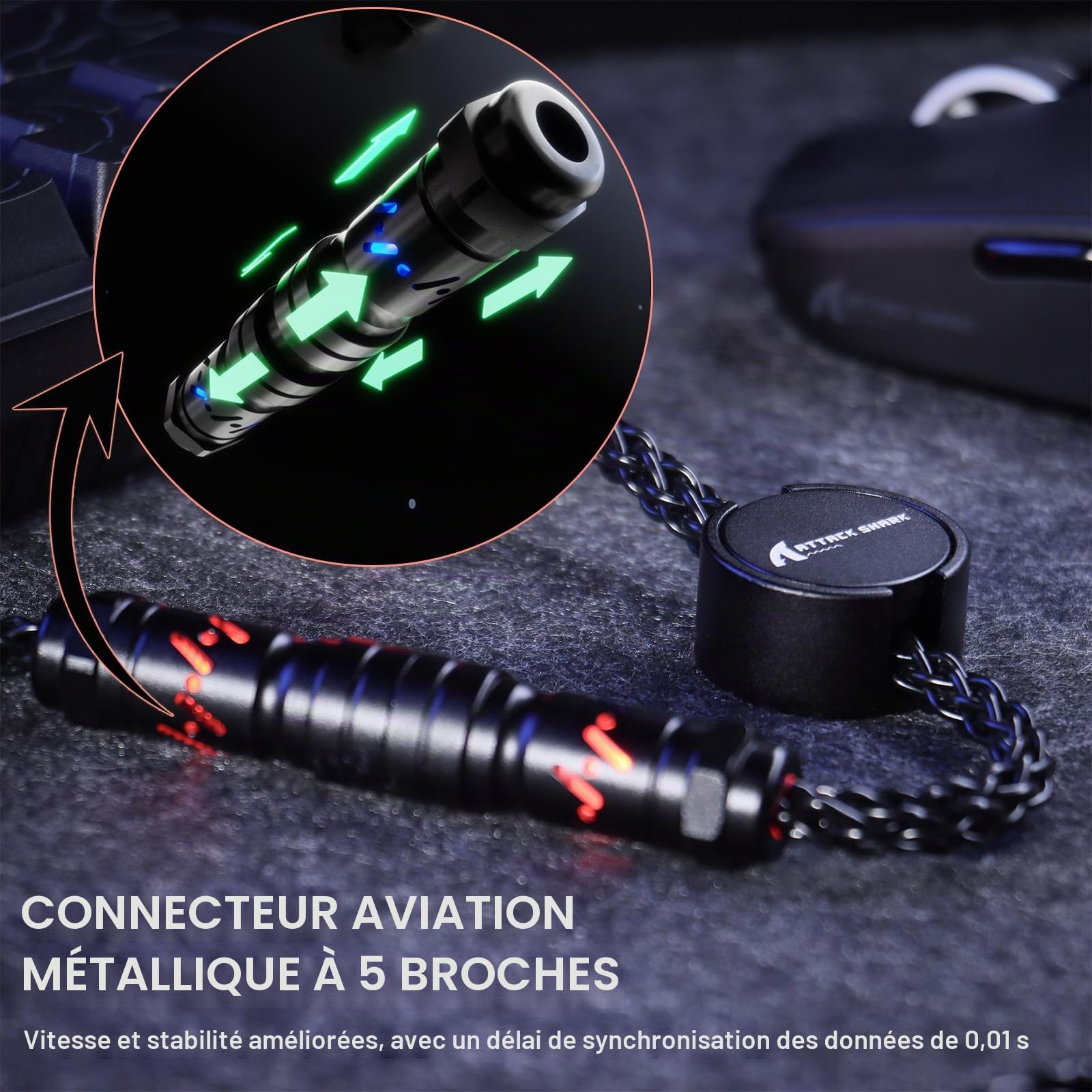 ATTACK SHARK C07 Câble USB-C Lumineux pour Clavier Gaming 8KHz-Noir
