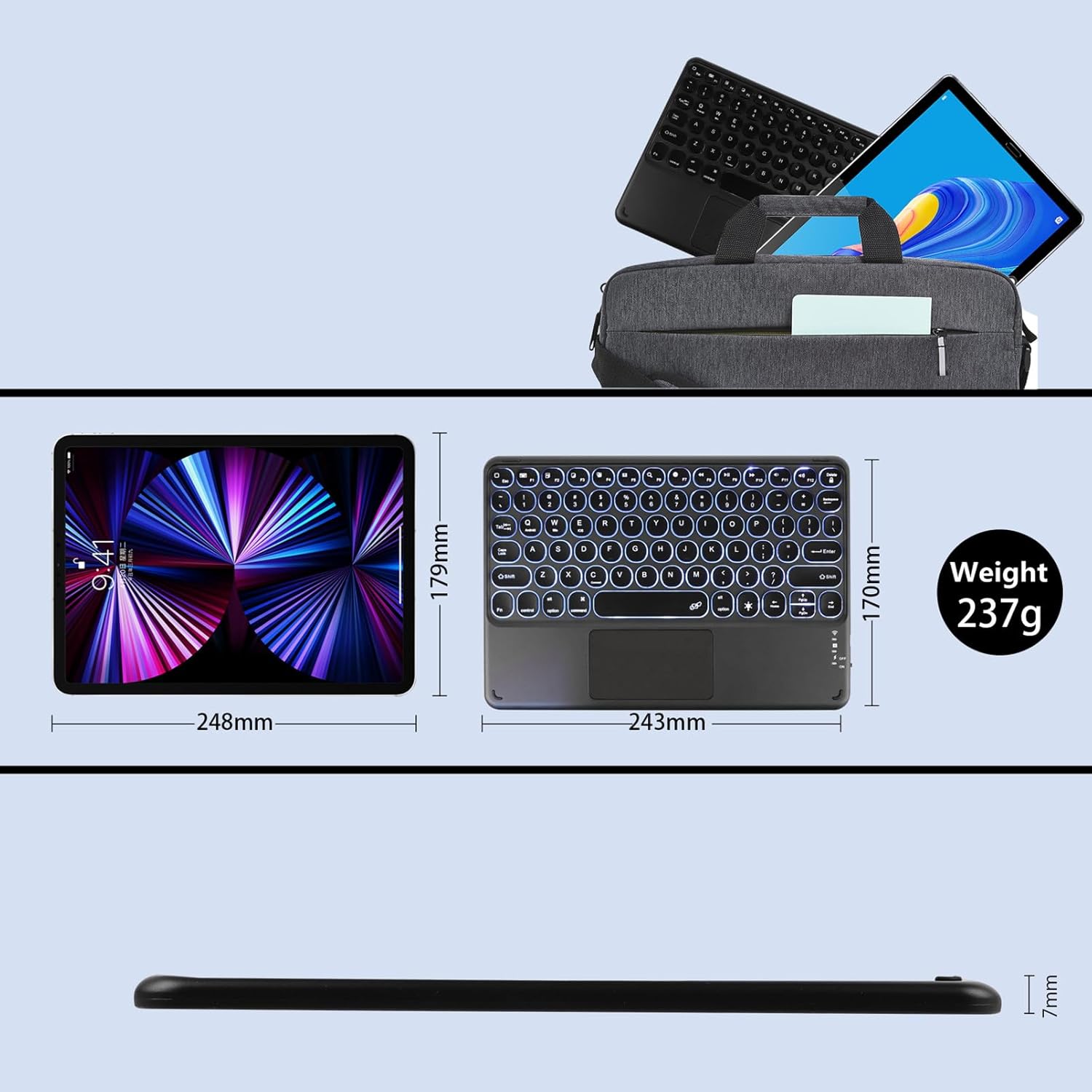 Image showing the dimensions of the keyboard and a tablet, along with the keyboard's weight.