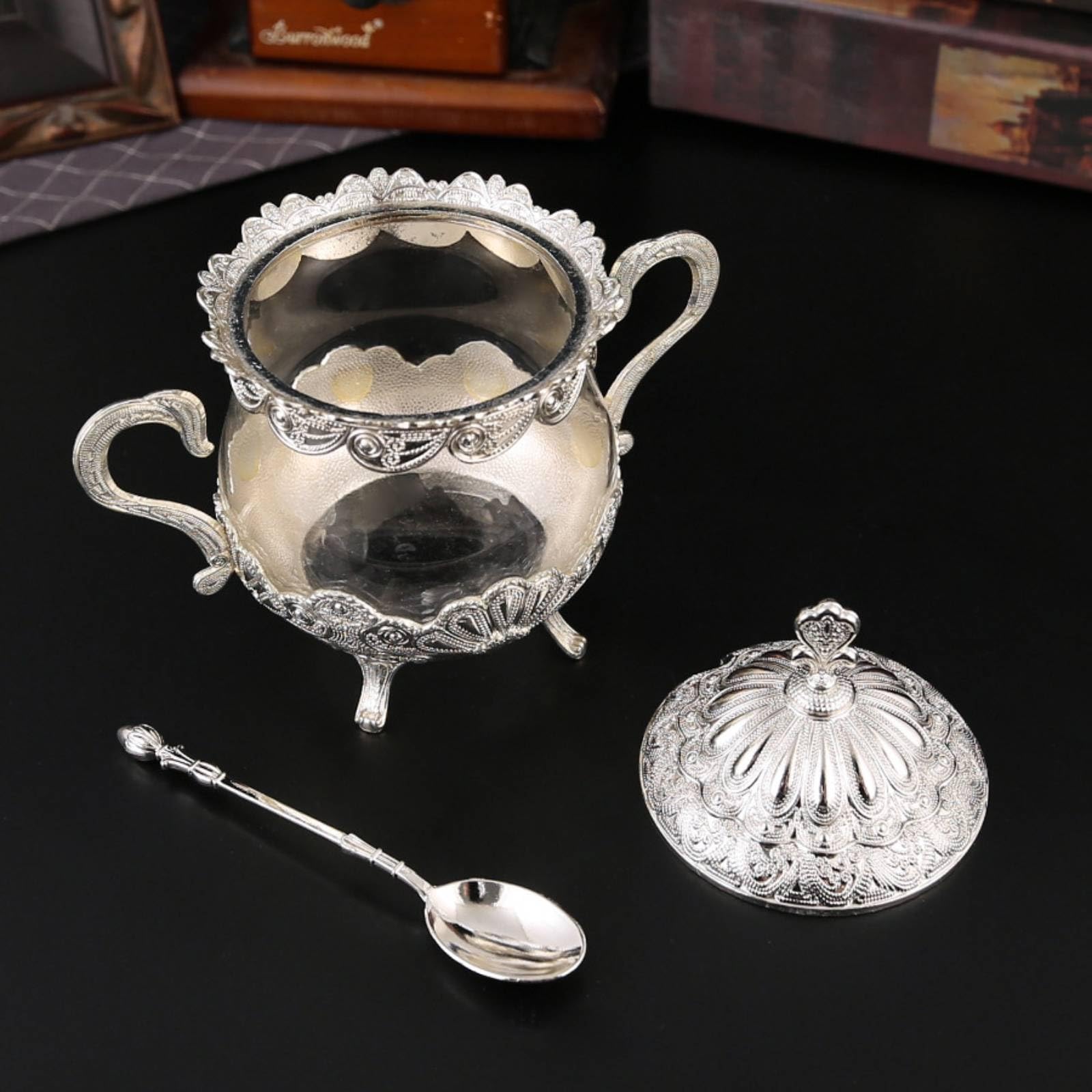 Zuccheriera con Coperchio Stile Europeo Zuccheriera Decorata Finitura Finitura Argento Accessorio Tavola per Ristorante, Argento